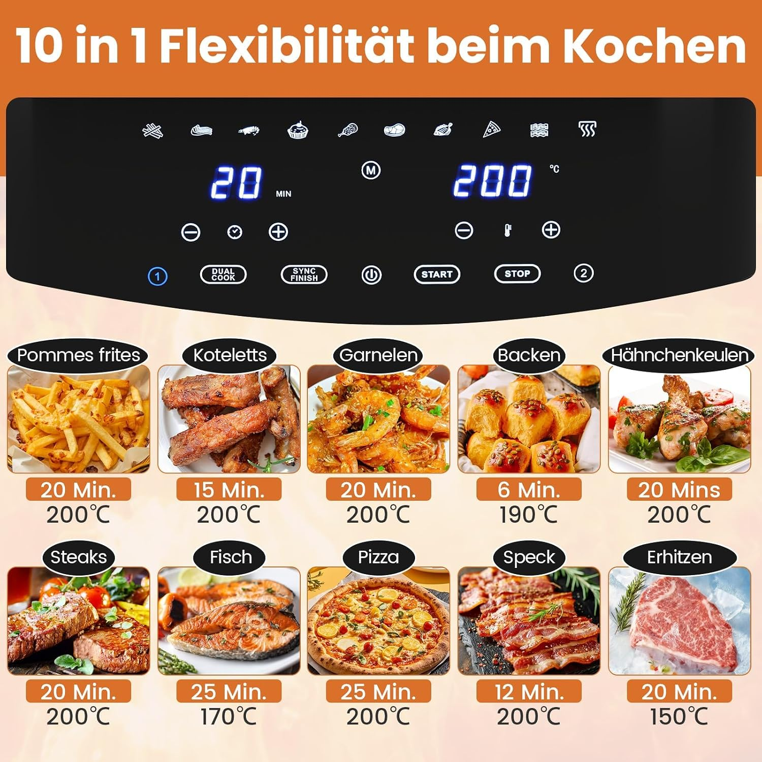 Digitale Bedienblende einer Hei ßluftfritteuse mit zehn verschiedenen Kochprogrammen und Temperatur- sowie Zeitangaben.