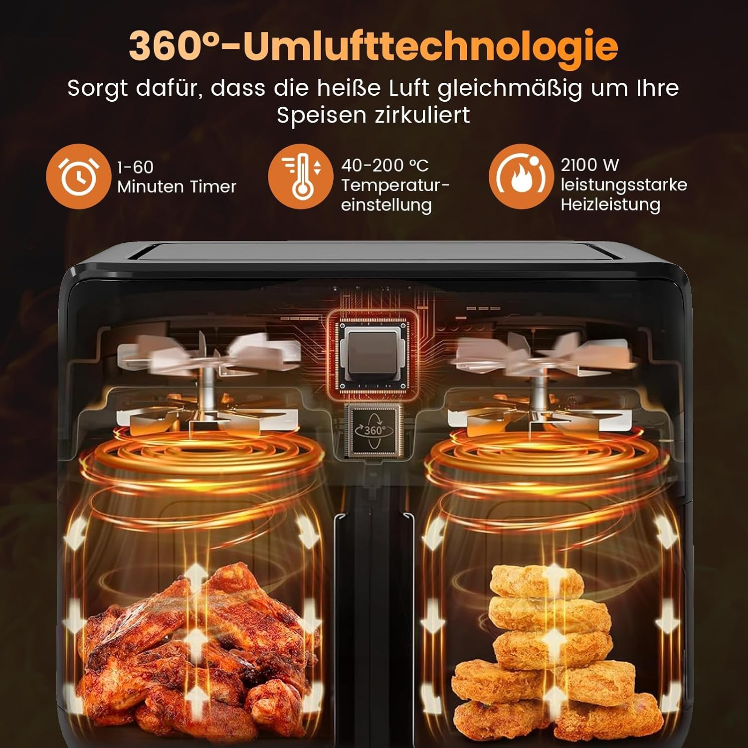 Eine Heißluftfritteuse mit zwei Kammern zeigt die 360-Grad-Heißluftzirkulation beim Kochen.