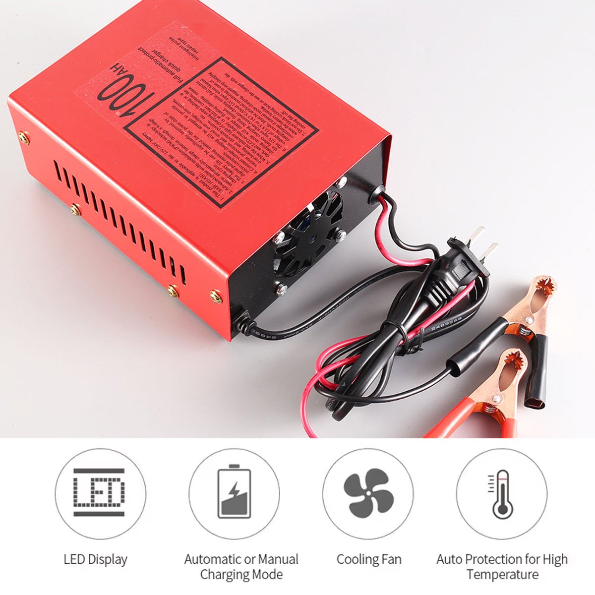 Rotes Autobatterieladegerät mit Kabeln und Klemmen sowie vier Funktionssymbolen darunter.