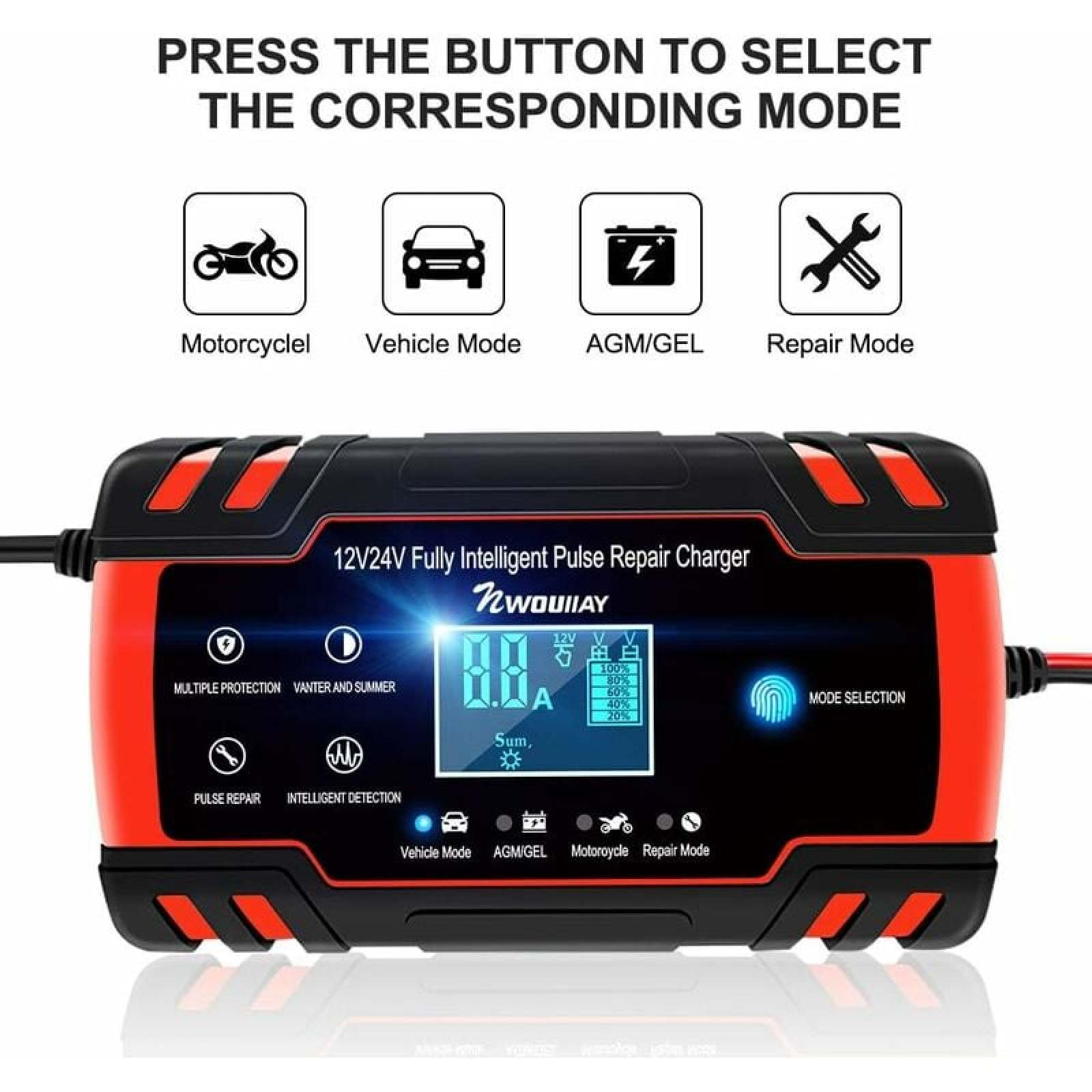 Intelligentes 12V/24V Batterieladegerät mit digitalem Display und verschiedenen Modus-Symbolen für Fahrzeuge.