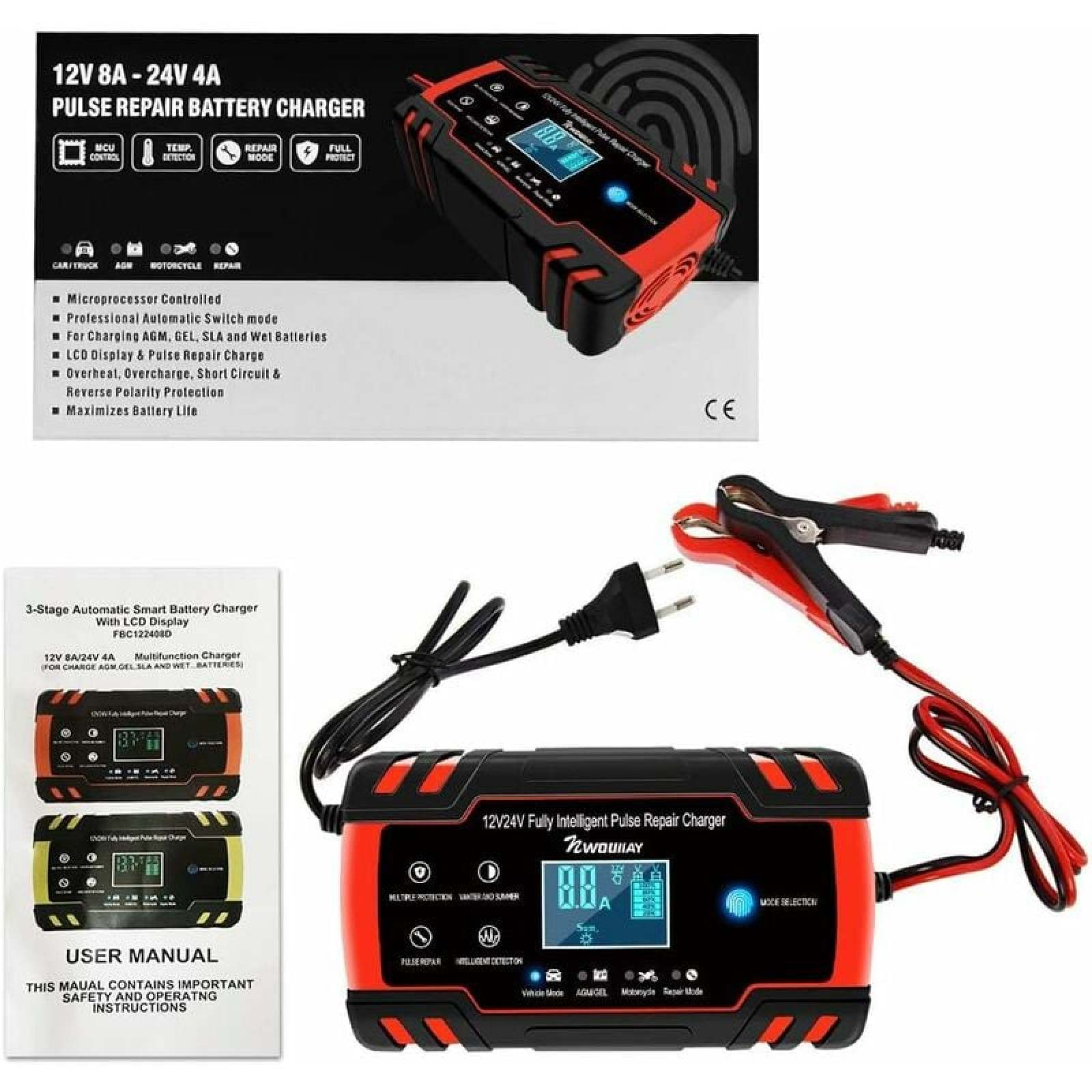 Rot-schwarzes Autobatterie-Ladegerät mit Display, Kabeln, Klemmen und Verpackung.