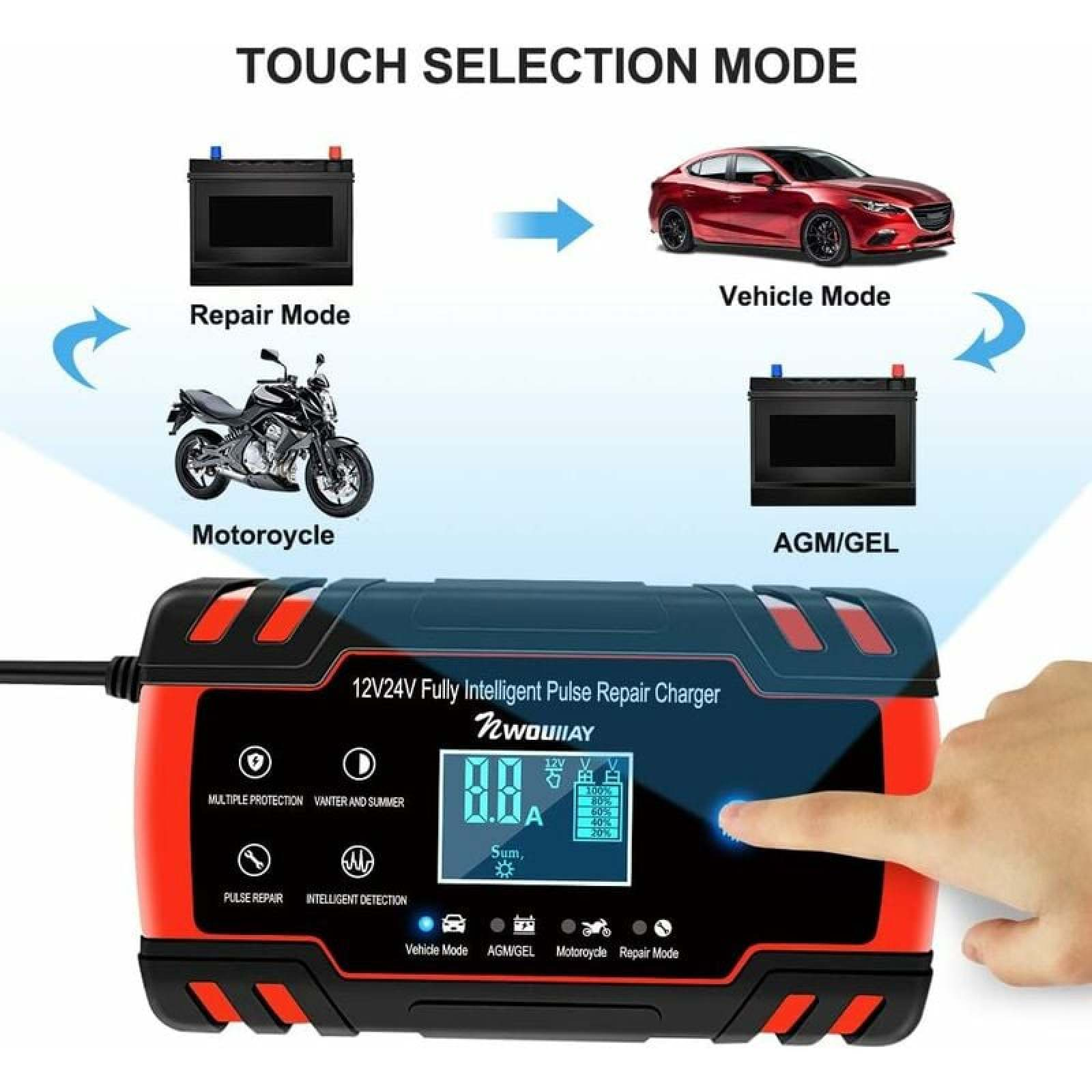 Berührungsbildschirm eines roten und schwarzen Autobatterieladegeräts mit Auswahlmodus-Symbolen.