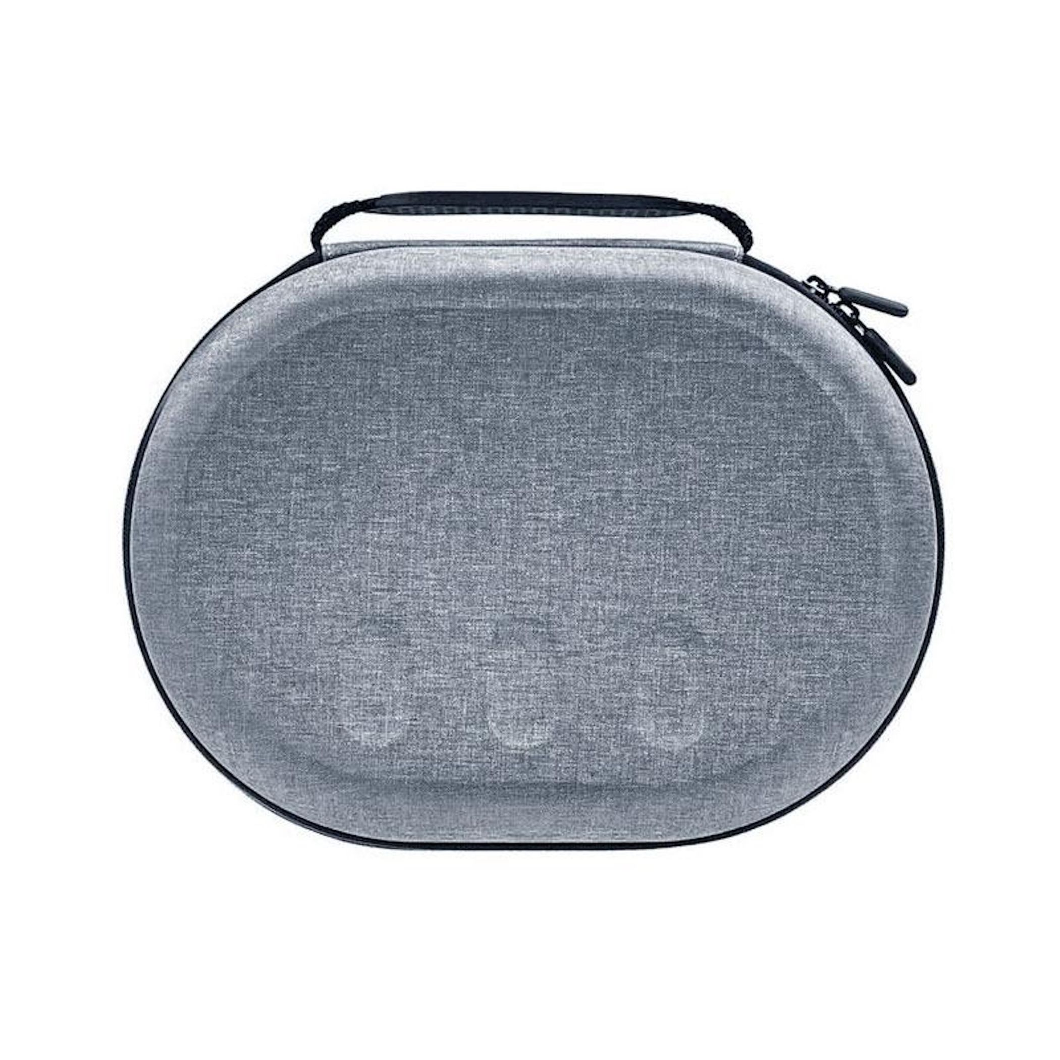 Ein graues, ovales Hartschalen-Etui mit schwarzem Griff und Reißverschluss vor weißem Hintergrund.