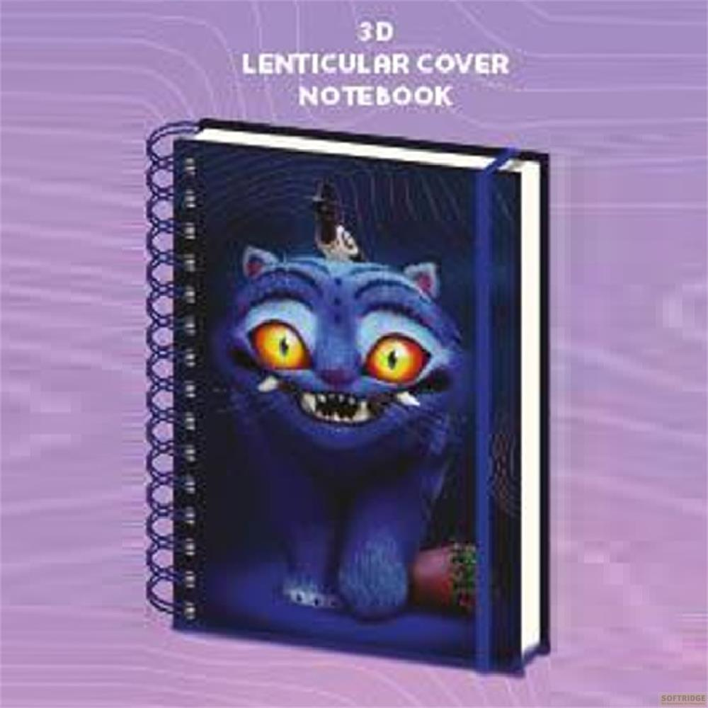 Ein blaues Spiralnotizbuch mit einem 3D-Cover, das eine gruselige blaue Katze mit gelben Augen zeigt.