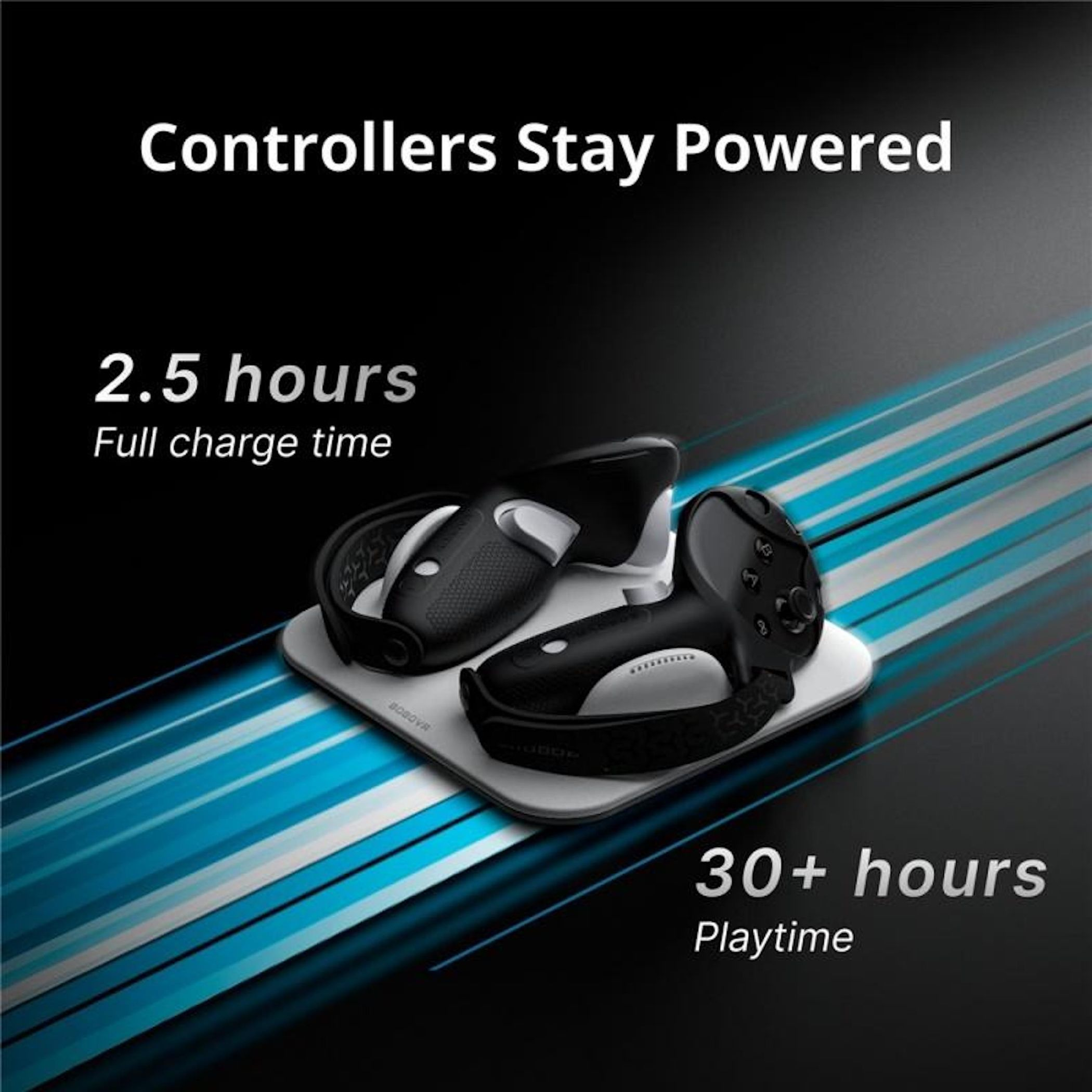 VR-Controller auf Ladestation mit blauem Licht und Text über Akkulaufzeit.
