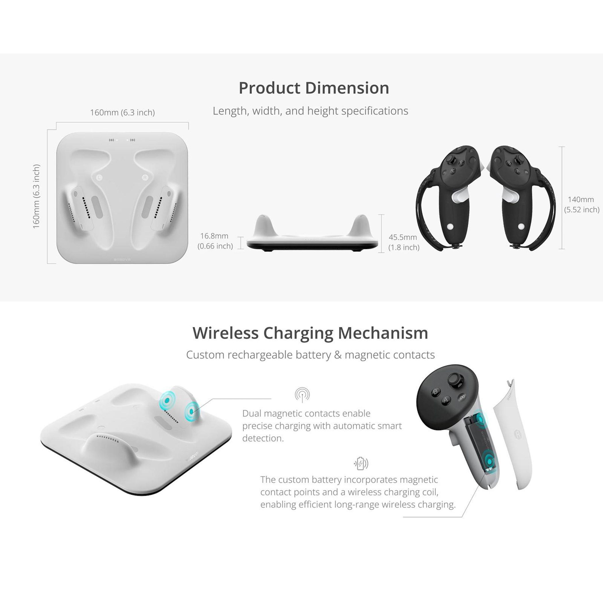Produktabmessungen und kabelloser Lademechanismus für VR-Controller und Ladestation.