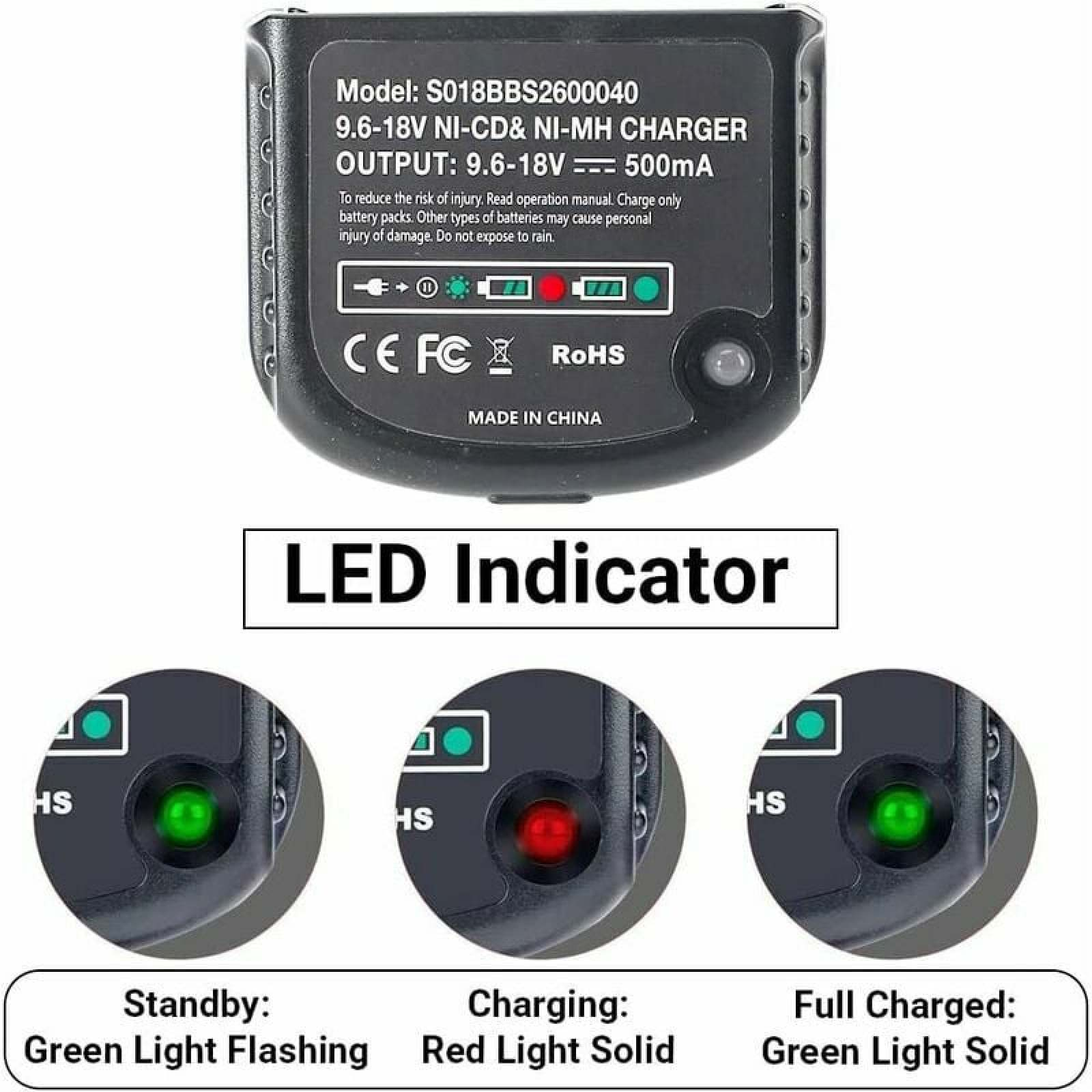 Batterieladegerät mit LED-Anzeige für Standby, Laden und voll aufgeladen.