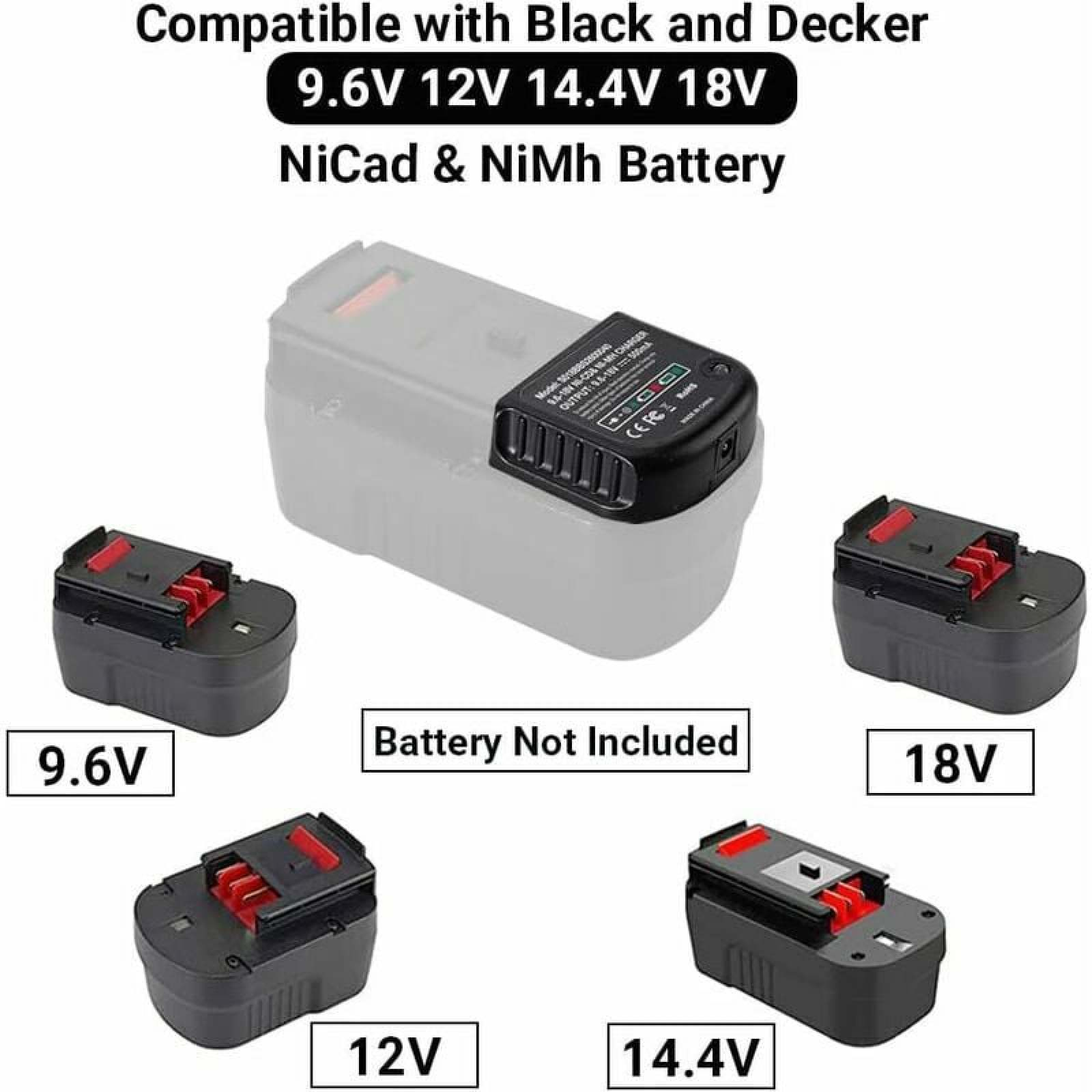 Ein schwarz-graues Ladegerät für Black and Decker Akkus von 9,6V bis 18V, umgeben von vier Akkuhüllen.