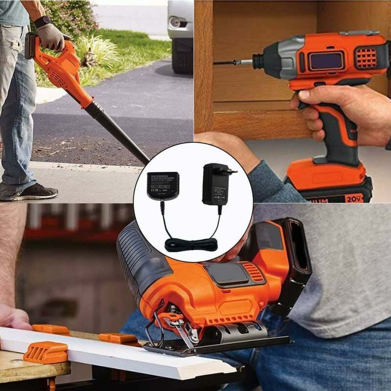 Collage aus orange-schwarzen Akku-Werkzeugen wie Laubsauger, Bohrmaschine, Stichsäge und Ladegerät.