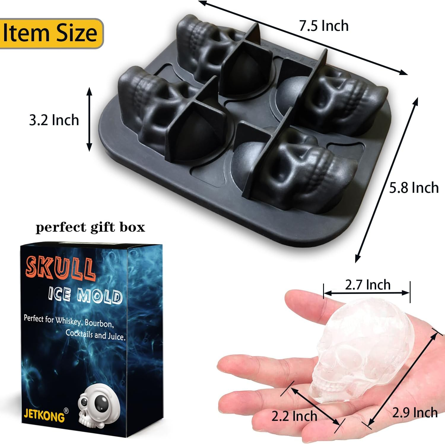 Schwarze Totenkopf-Eiswürfelform mit Abmessungen, Verpackungskarton und einem klaren Eis-Totenkopf in einer Hand.