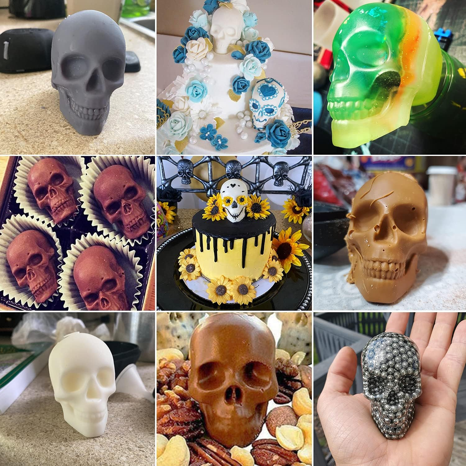 Eine Collage zeigt verschiedene Totenkopf-Dekorationen und Kuchen mit Totenkopfmotiven.
