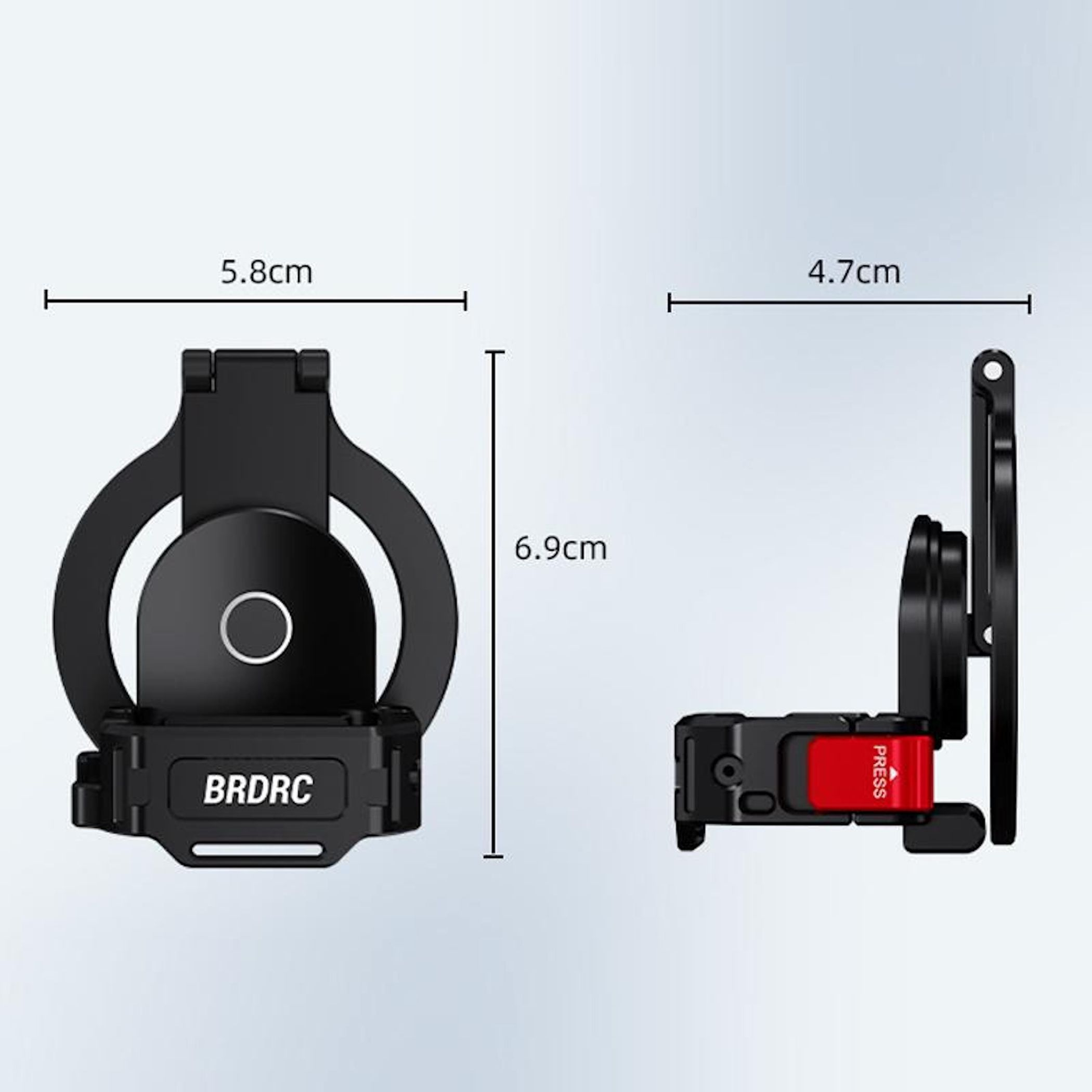 Technische Zeichnung eines schwarzen Halters mit Maßen von 5.8 cm, 6.9 cm und 4.7 cm sowie einem roten 'Press'-Knopf.
