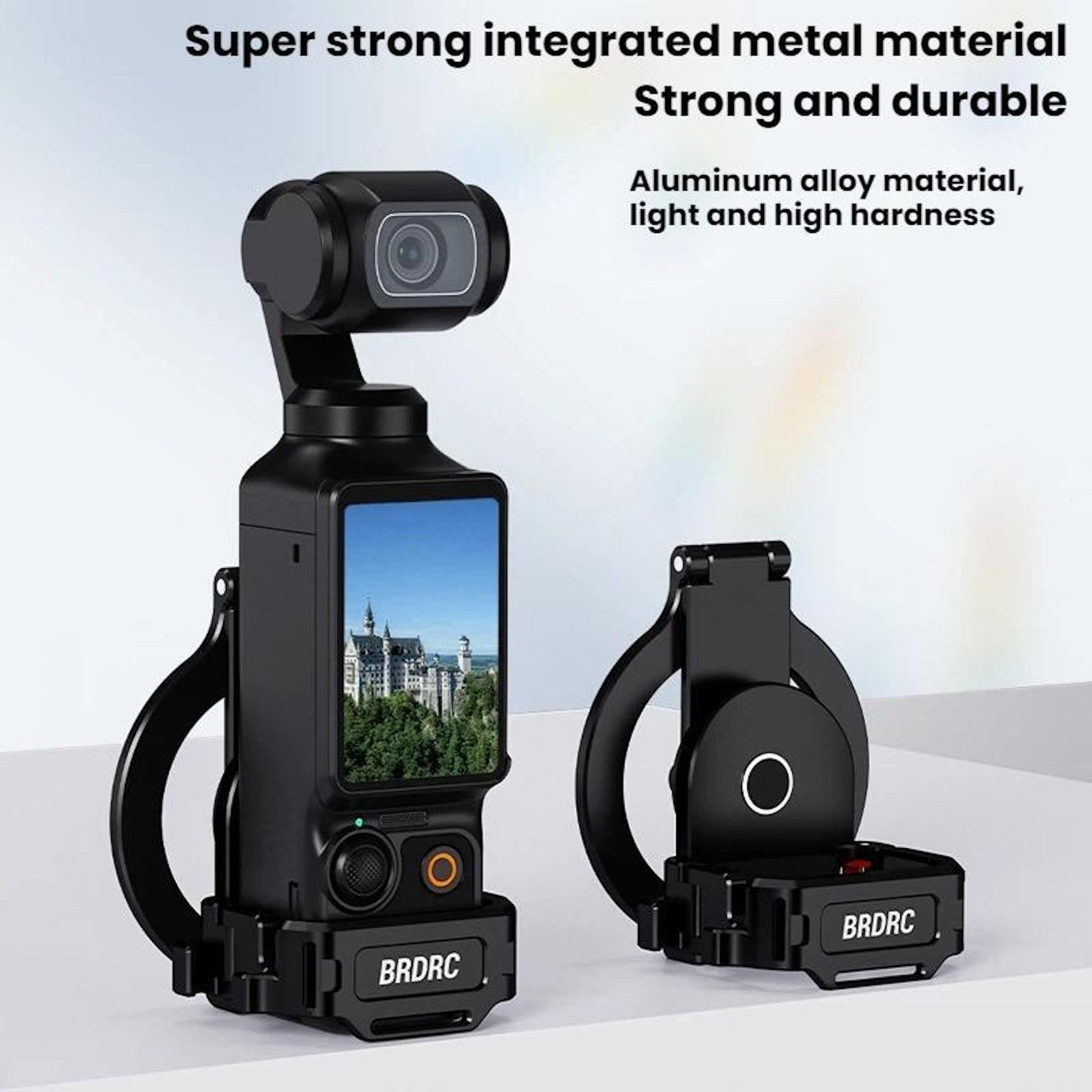Eine schwarze Aluminium-Gimbal-Kamera mit Halterung steht auf einer hellen Oberfläche.