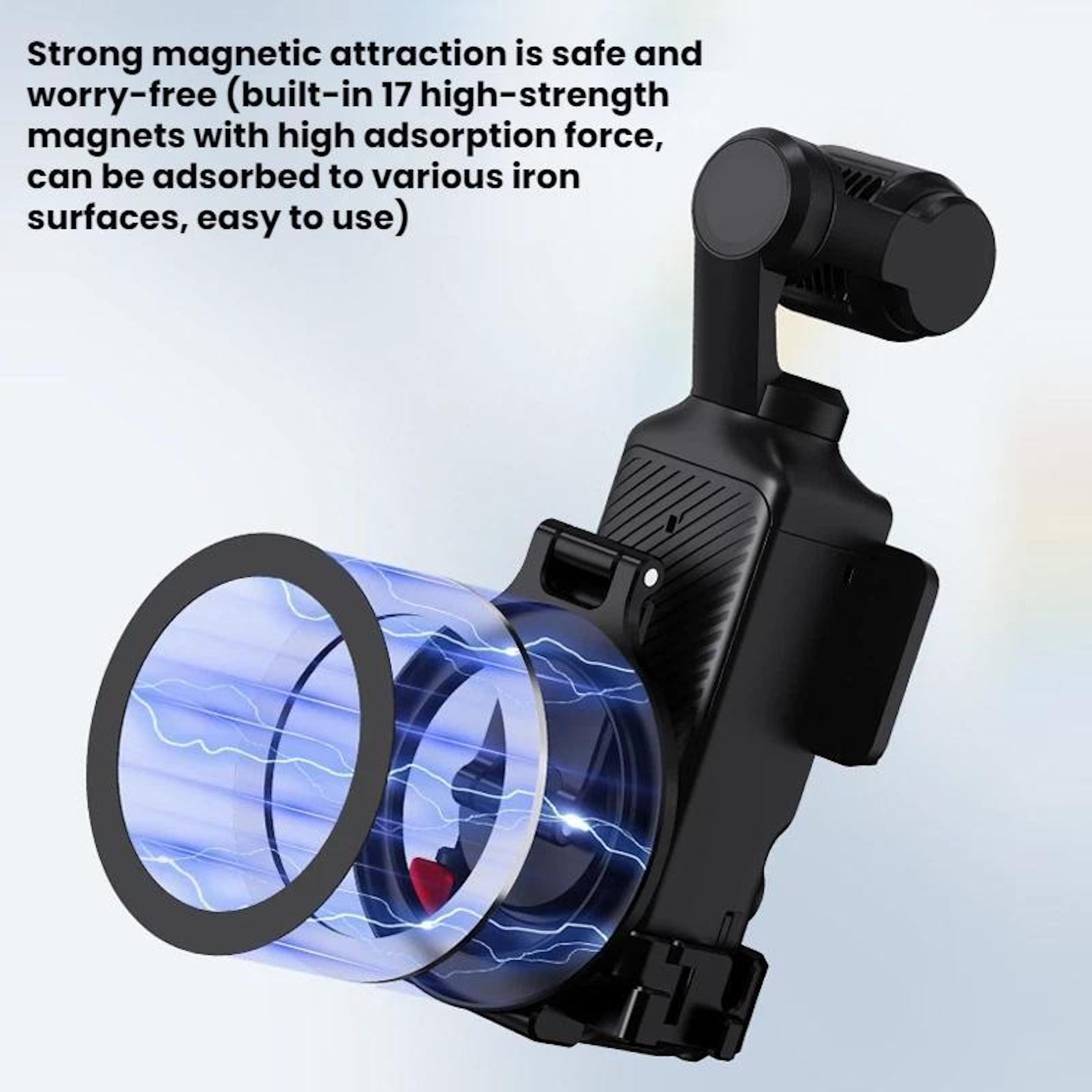 Schwarze Gimbal-Halterung mit integrierten Magneten und blauen elektrischen Welleneffekten.