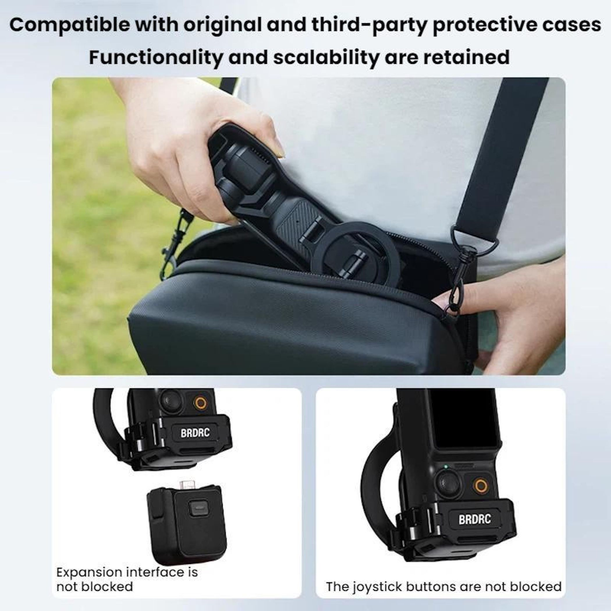 Eine Person legt eine Kamera in eine schwarze Tasche, mit Einsätzen, die freie Schnittstellen zeigen.