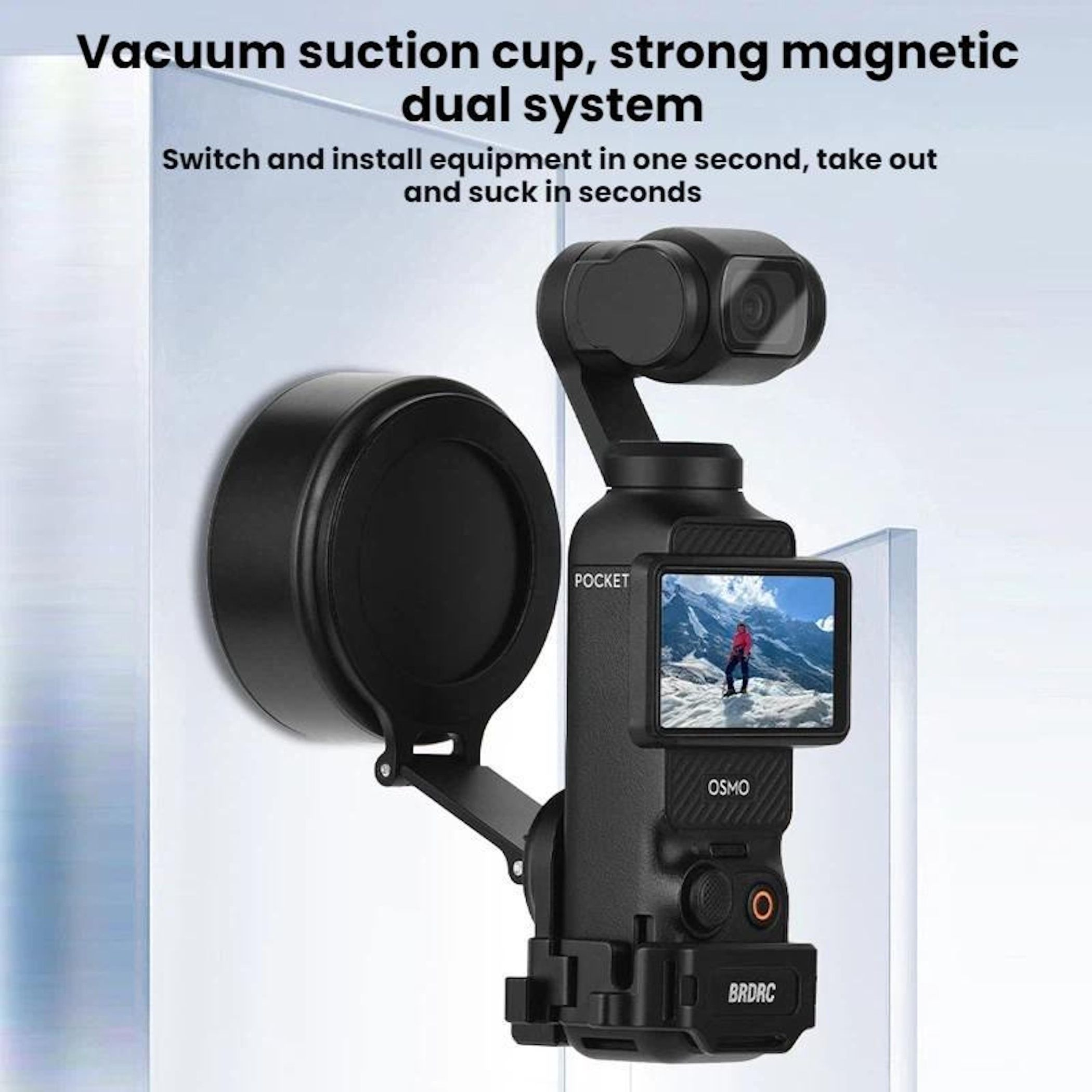 Schwarze Osmo Pocket Kamera auf einer Glasoberfläche mit Magnethalterung.