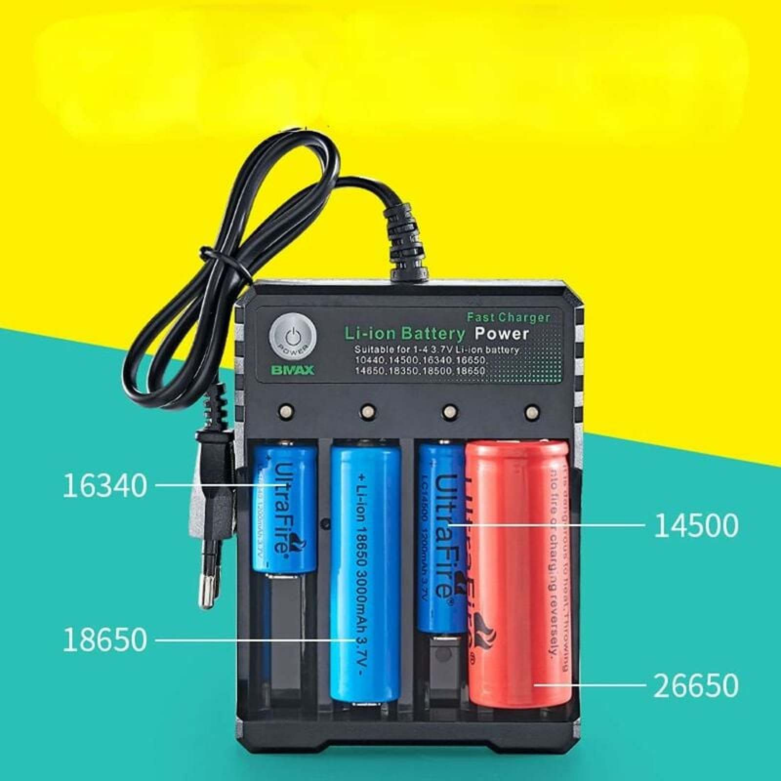 Ein schwarzes Li-Ionen-Batterieladegerät mit vier verschiedenen geladenen Batterien und angeschlossenem Kabel.