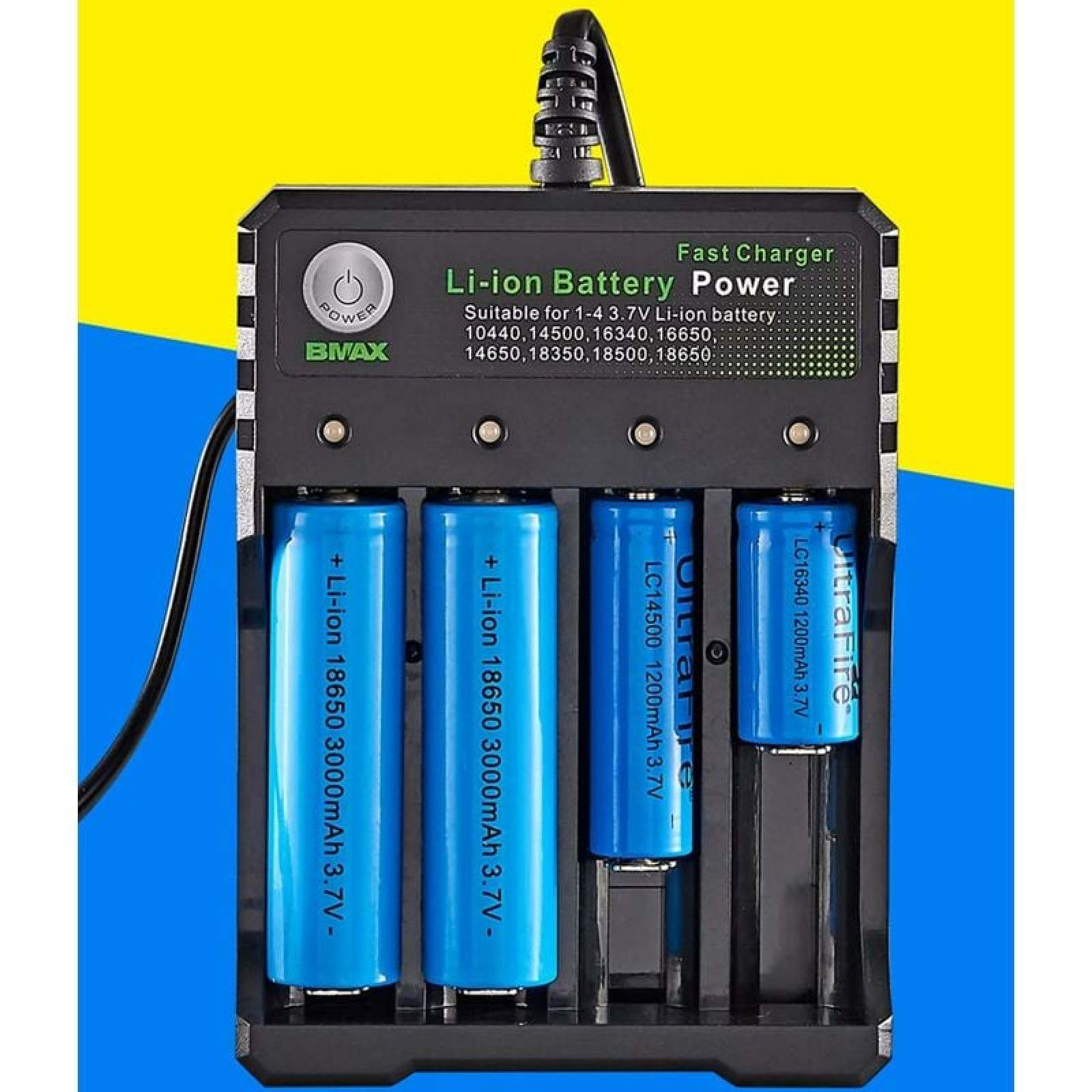 Ein schwarzes Li-Ionen-Ladegerät lädt vier verschiedene blaue Batterien vor einem blau-gelben Hintergrund.
