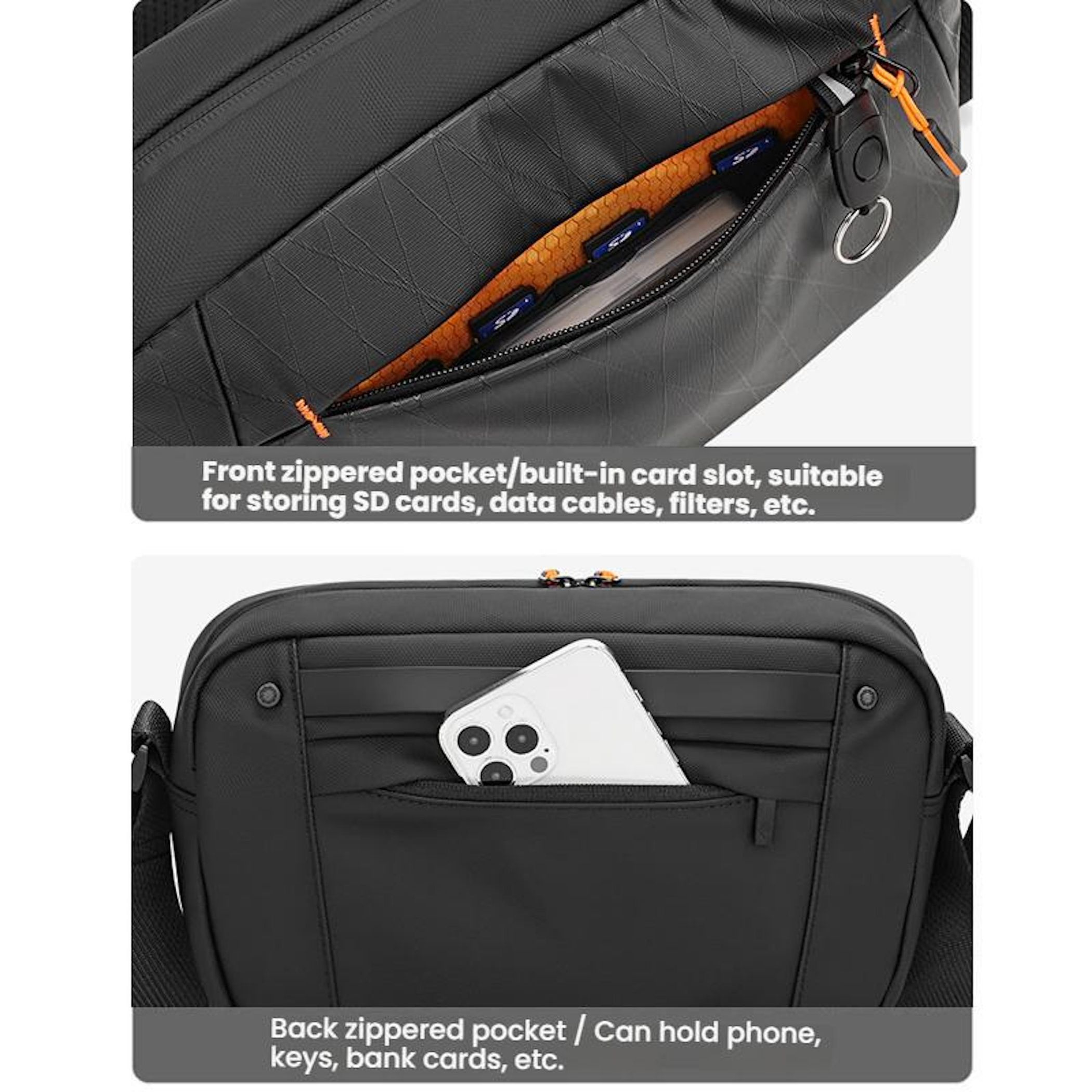 Schwarze Tasche mit vorderer Reißverschlusstasche für SD-Karten und hinterem Fach für ein Smartphone.
