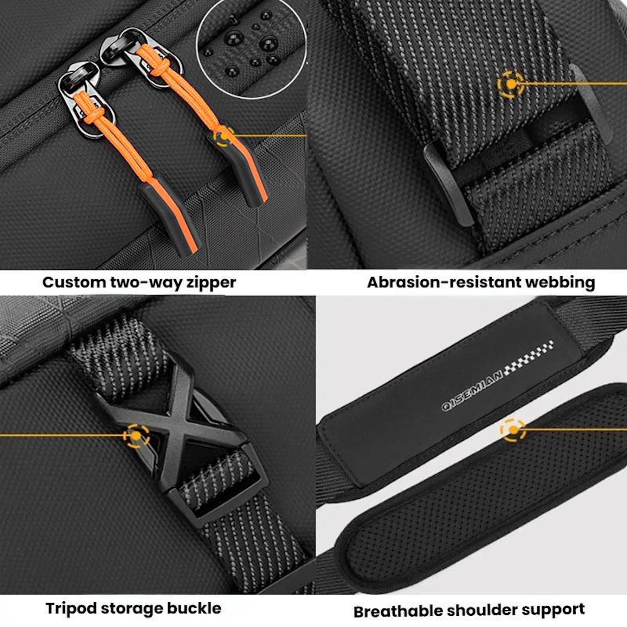 Vier Detailaufnahmen eines Rucksacks mit Reißverschluss, Gurtband, Schnalle und atmungsaktivem Schultergurt.