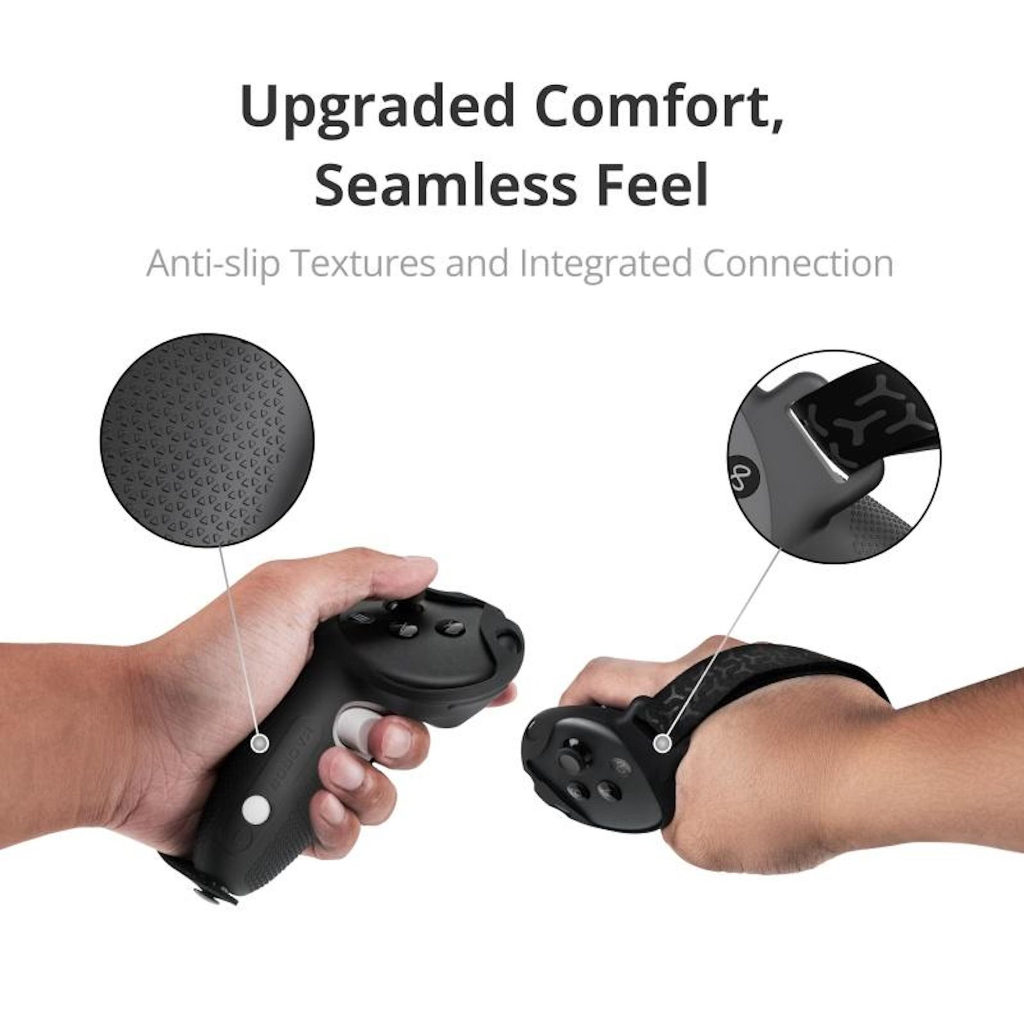 Manos sosteniendo controladores de realidad virtual negros con texturas antideslizantes y correas, con vistas en primer plano.