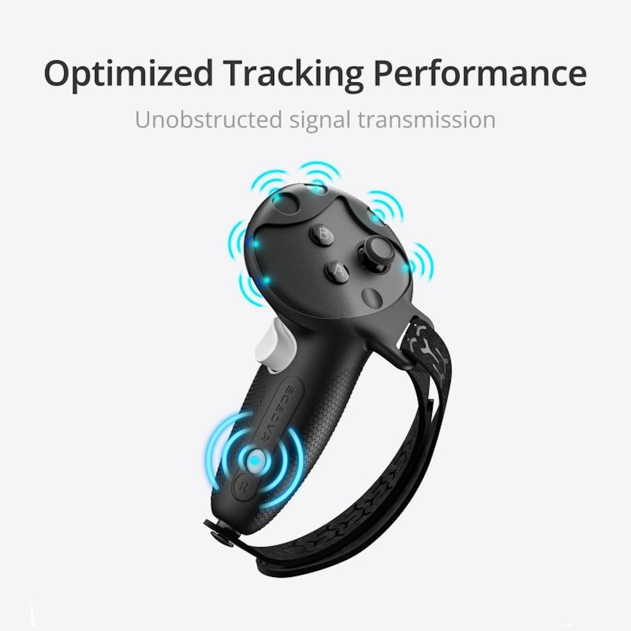 Controlador VR negro con señales azules y texto sobre seguimiento optimizado.