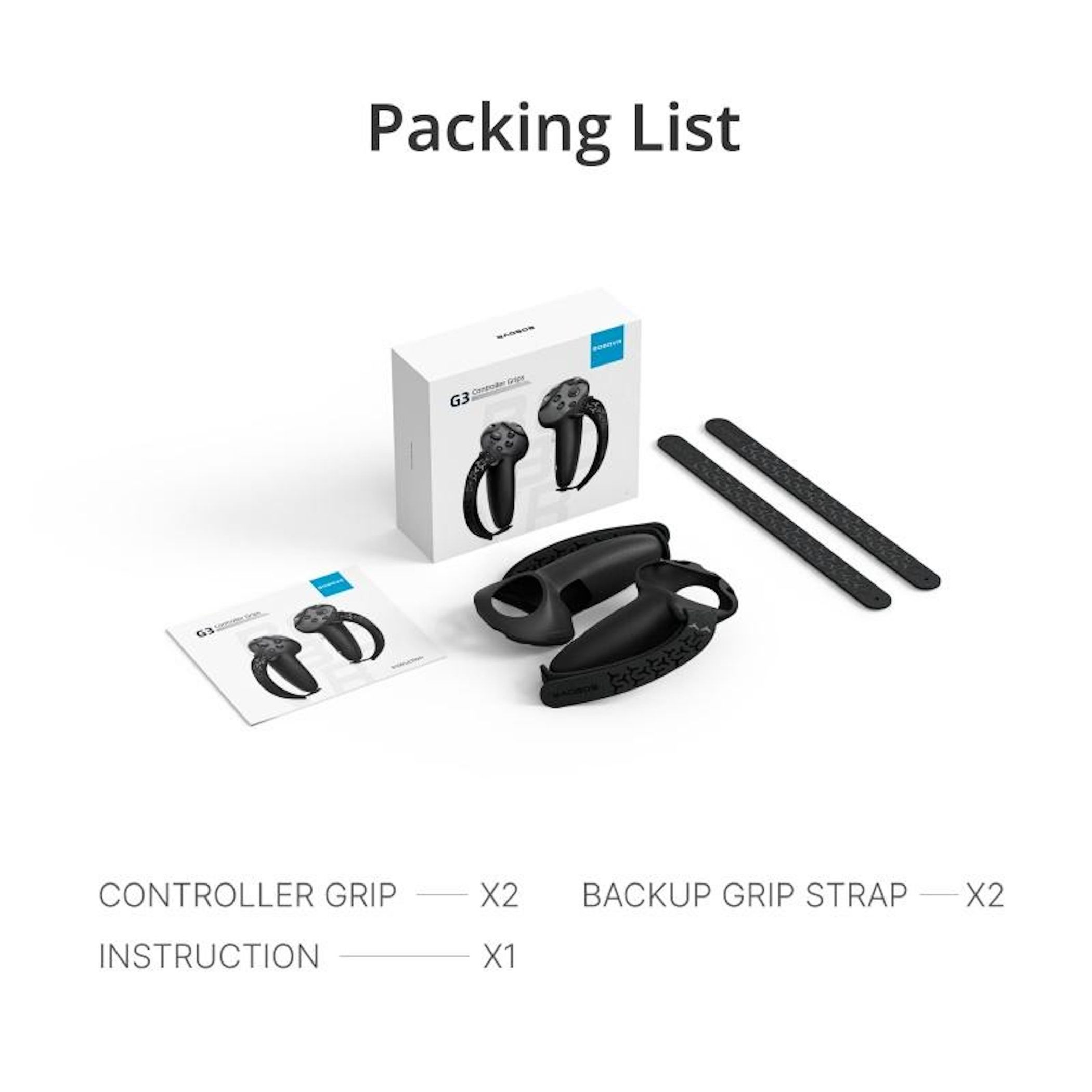 Lista de empaque con caja, dos empuñaduras de control, dos correas y un manual en fondo blanco.