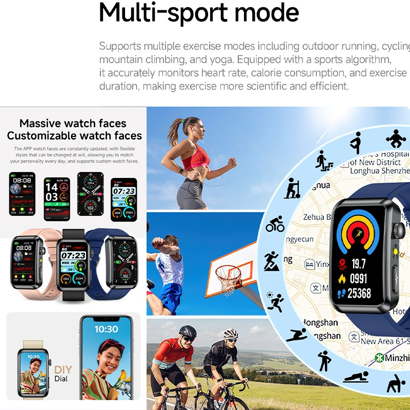 Multi-Sport-Smartwatch zeigt Herzfrequenz, Schritte und Kalorien mit anpassbaren Zifferblättern.