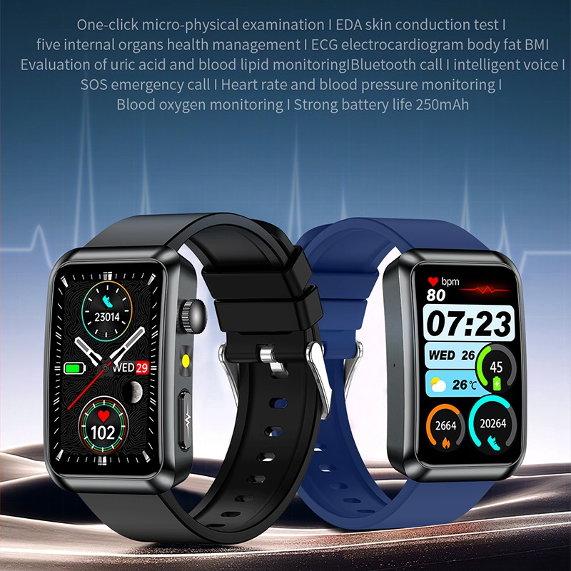 Zwei Smartwatches mit schwarzem und blauem Armband auf dunklem, wellenförmigem Hintergrund und Text oben.