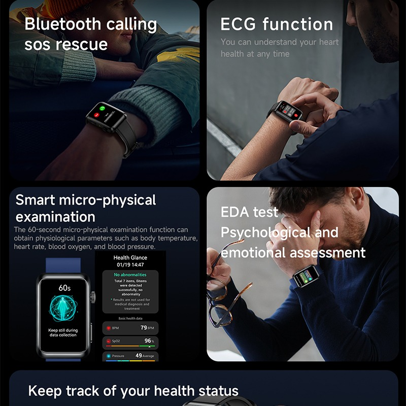 Vier Bilder zeigen Smartwatch-Funktionen wie Bluetooth-Anrufe, EKG, physische Untersuchung und EDA-Test.