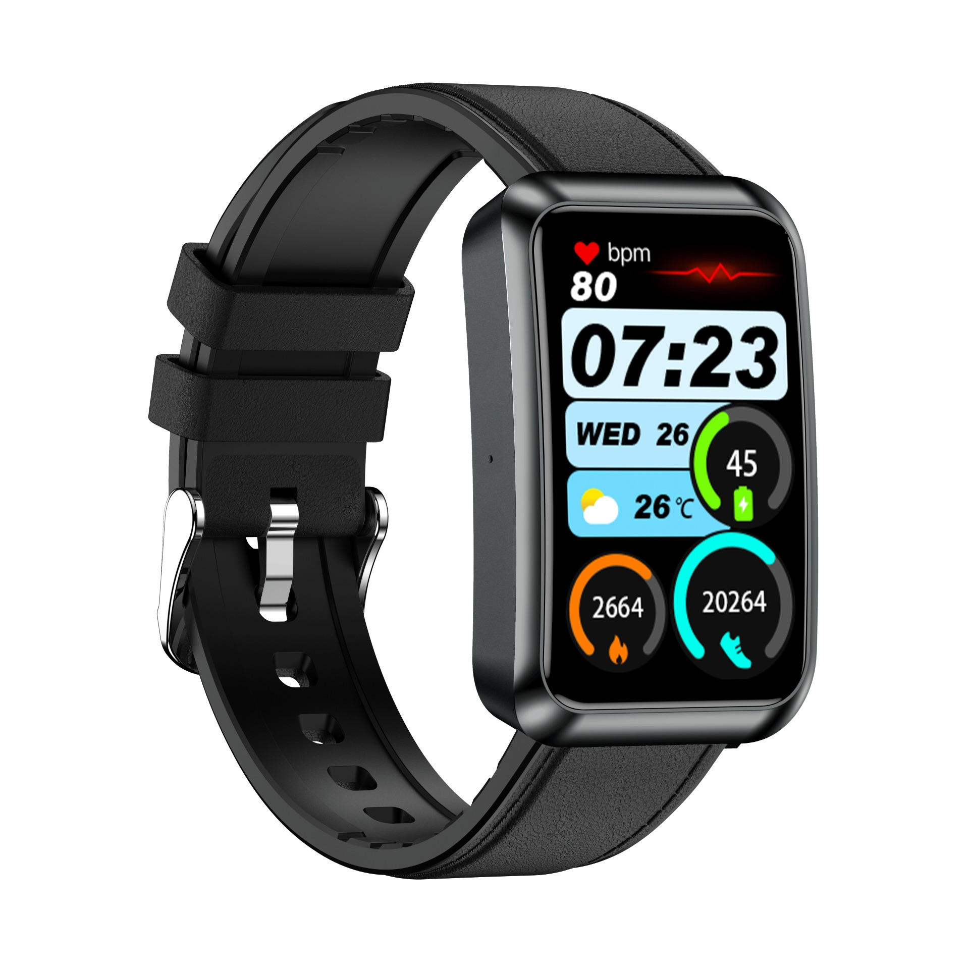 Schwarze Smartwatch mit rechteckigem Display, Herzfrequenz-, Uhrzeit-, Temperatur- und Schrittanzeige.