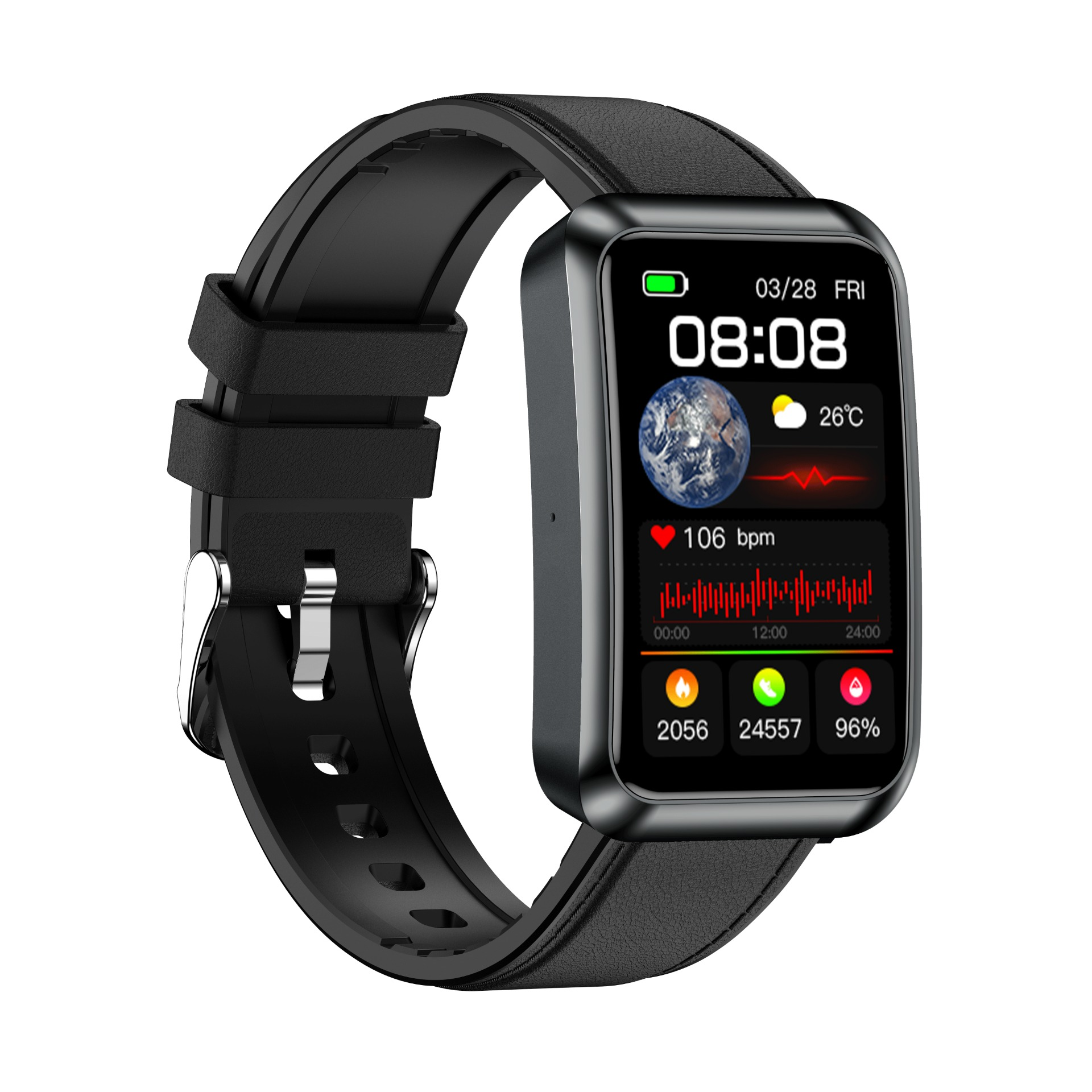 Eine schwarze Smartwatch mit rechteckigem Display zeigt Uhrzeit, Herzfrequenz und Wetter vor weißem Hintergrund.