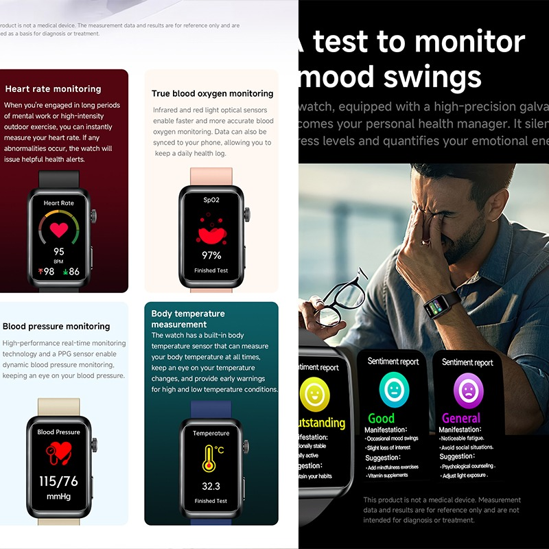 Smartwatch-Funktionen wie Herzfrequenz, Blutsauerstoff, Blutdruck, Temperatur und Stimmungsüberwachung.