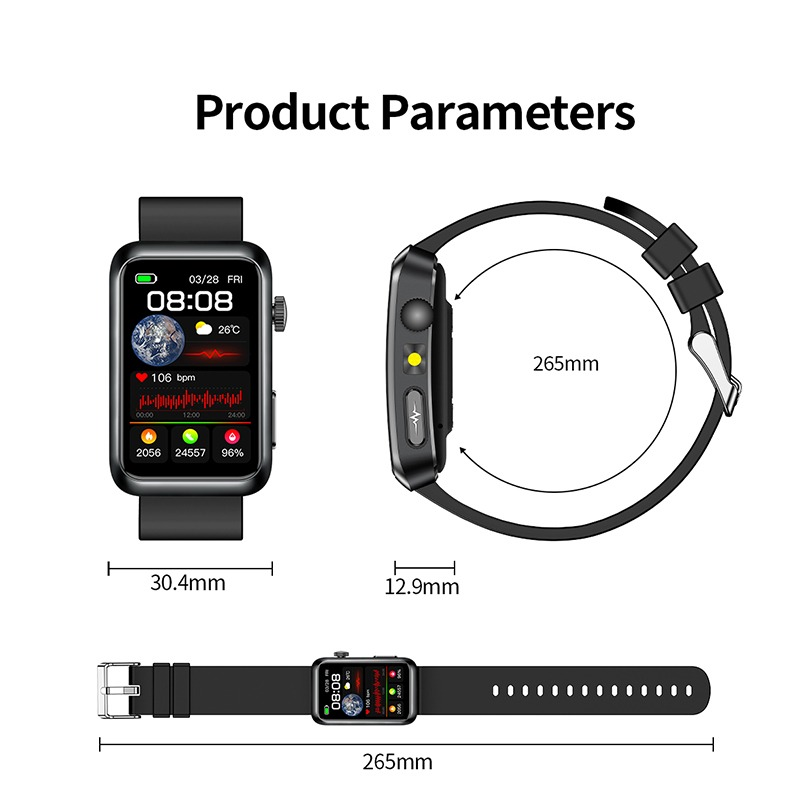 Diagramm zeigt Abmessungen einer schwarzen Smartwatch mit rechteckigem Display und Armband.