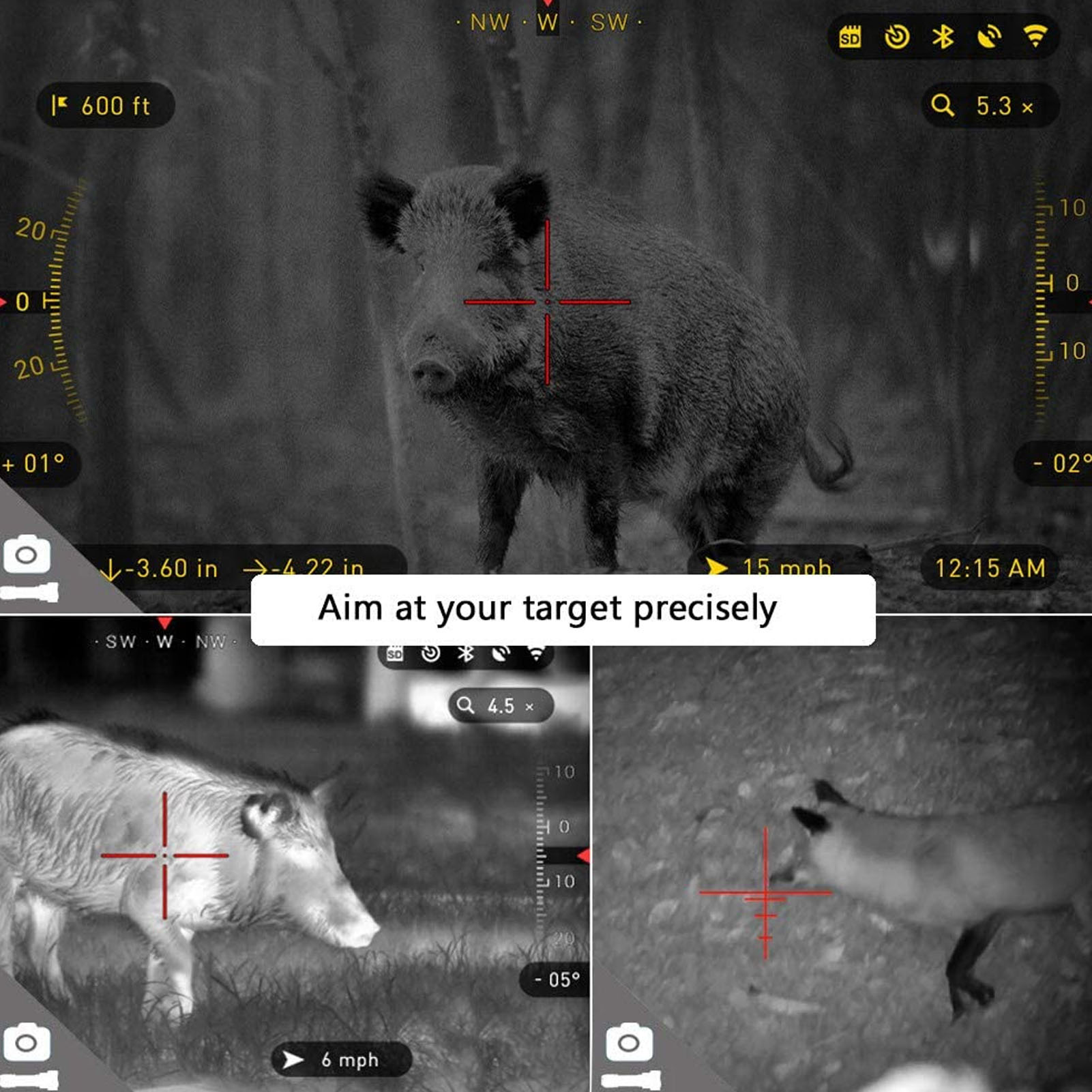 Wärmtbildaufnahmen von Wildtieren im Wald mit Fadenkreuz.