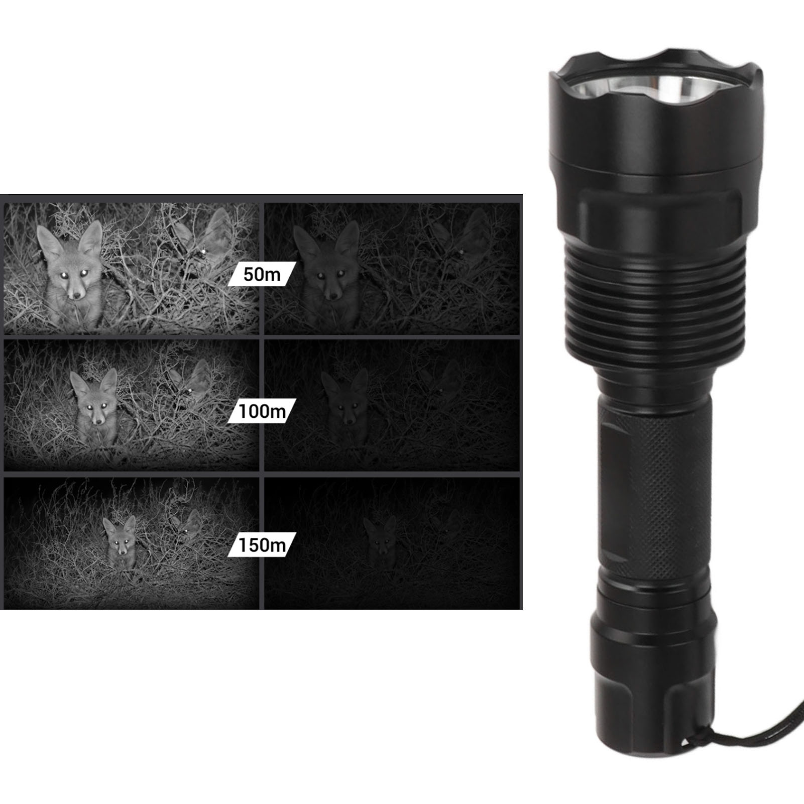 Schwarze LED-Taschenlampe und Bildvergleich mit einem Fuchs in verschiedenen Entfernungen von 50m bis 150m.