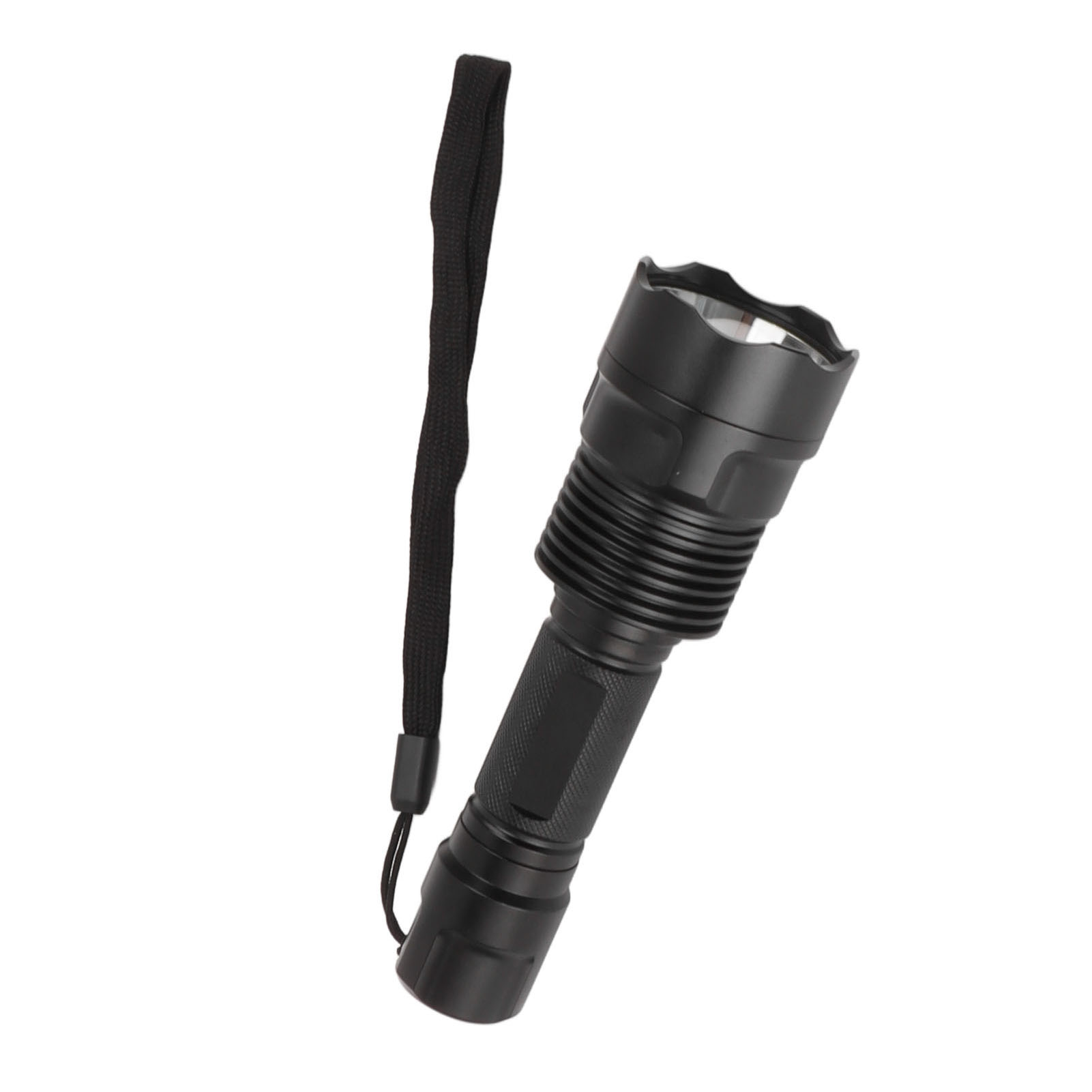 Eine schwarze Taschenlampe mit geriffeltem Gehäuse und einer Trageschlaufe auf weißem Hintergrund.