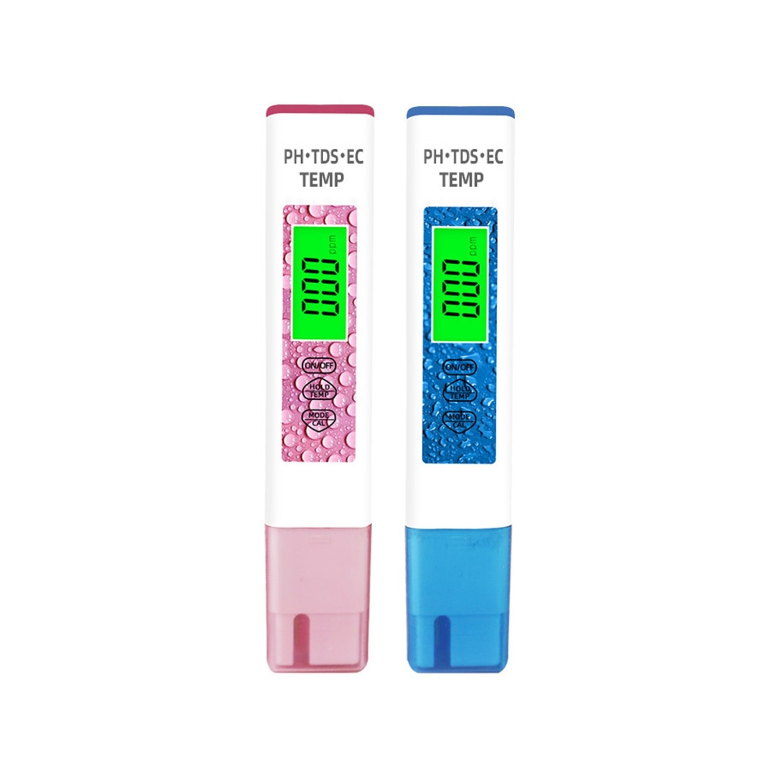 Zwei digitale Wassertester, einer rosa und einer blau, mit grünem Display auf weißem Hintergrund.