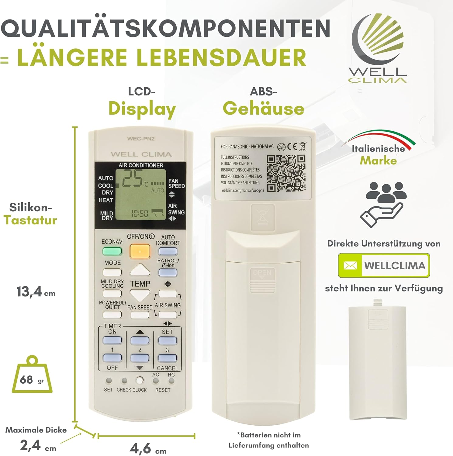 Technische Details einer Well Clima Klimaanlagen-Fernbedienung mit Abmessungen und Funktionen.