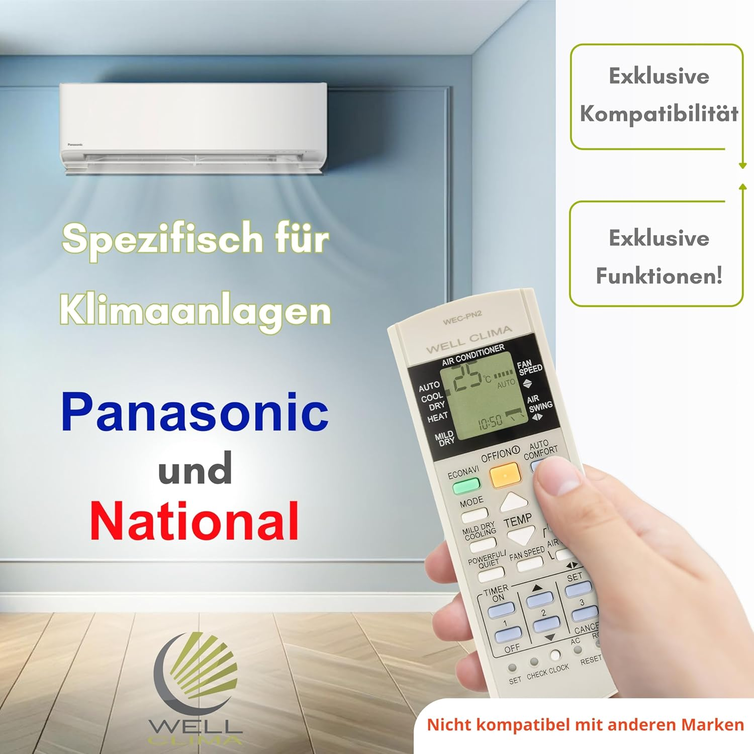 Hand hält AC-Fernbedienung vor blauer Wand mit Klimaanlage.