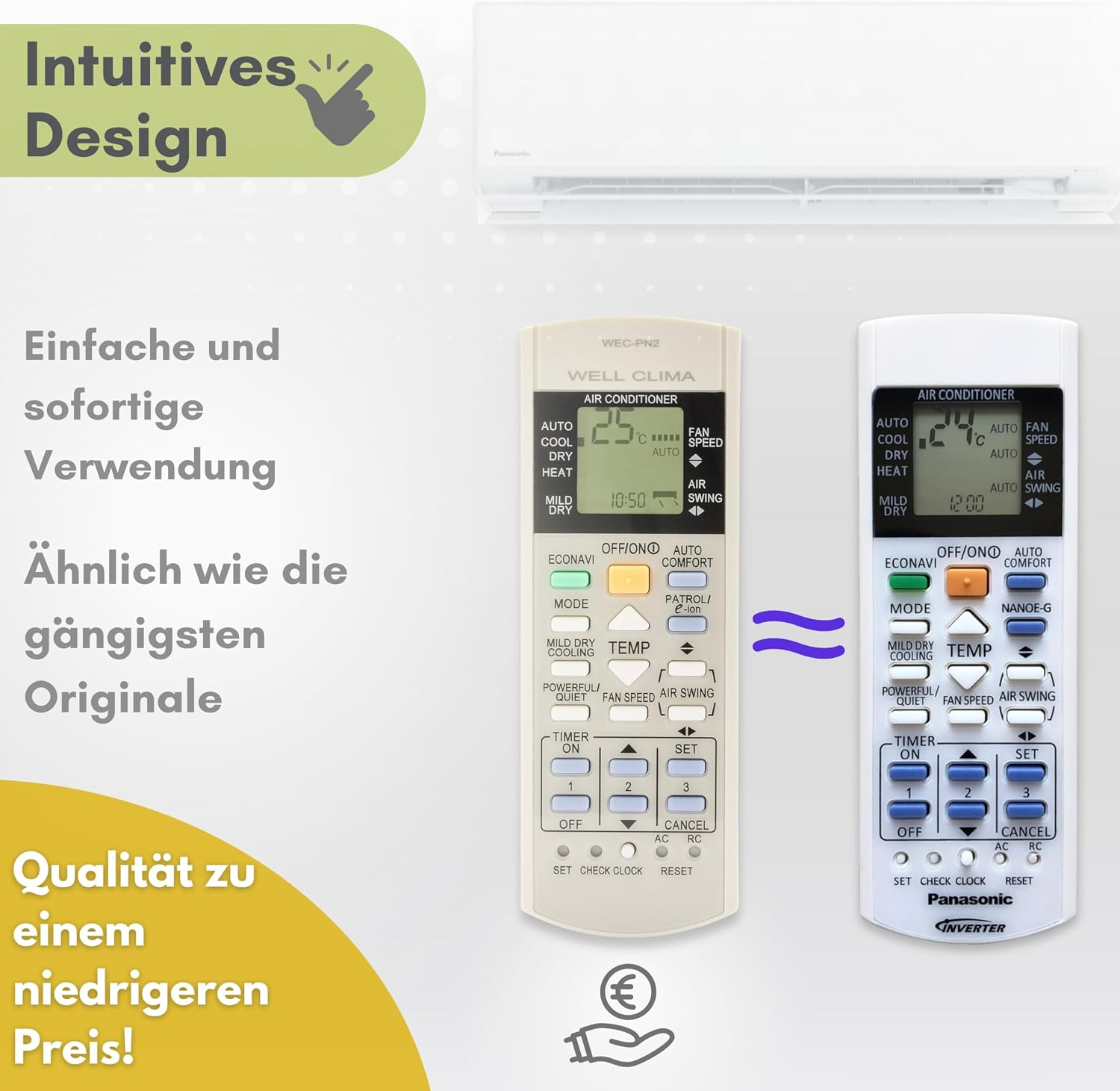 Vergleich zweier weißer Klimaanlagenfernbedienungen mit Display und Tasten vor hellem Hintergrund.