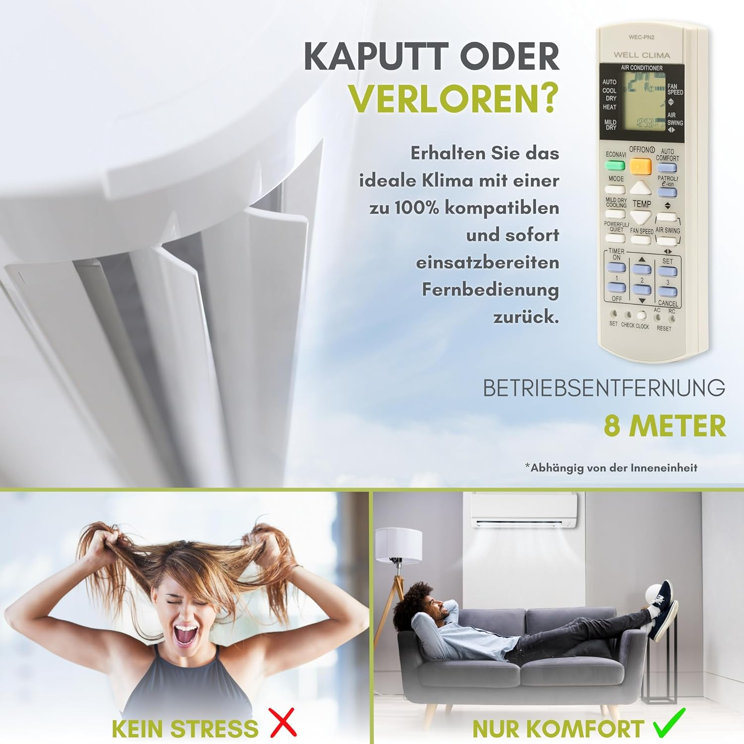 Werbung für eine kompatible Klimaanlagen-Fernbedienung mit gestresster Frau und entspanntem Mann.