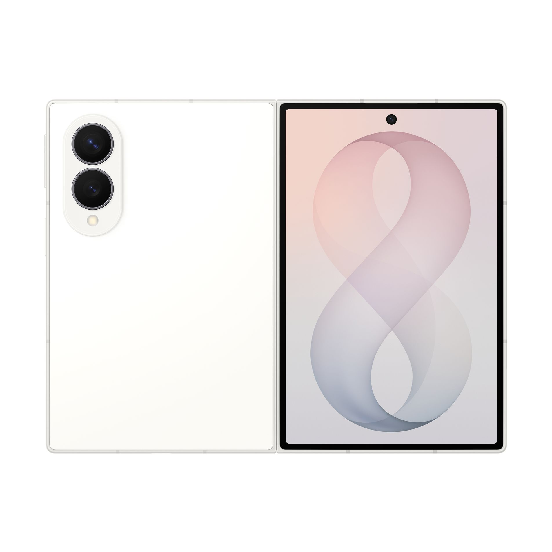 Ein weißes Foldable-Smartphone mit zwei Hauptkameras hinten und einem spiralförmigen Displaymuster.