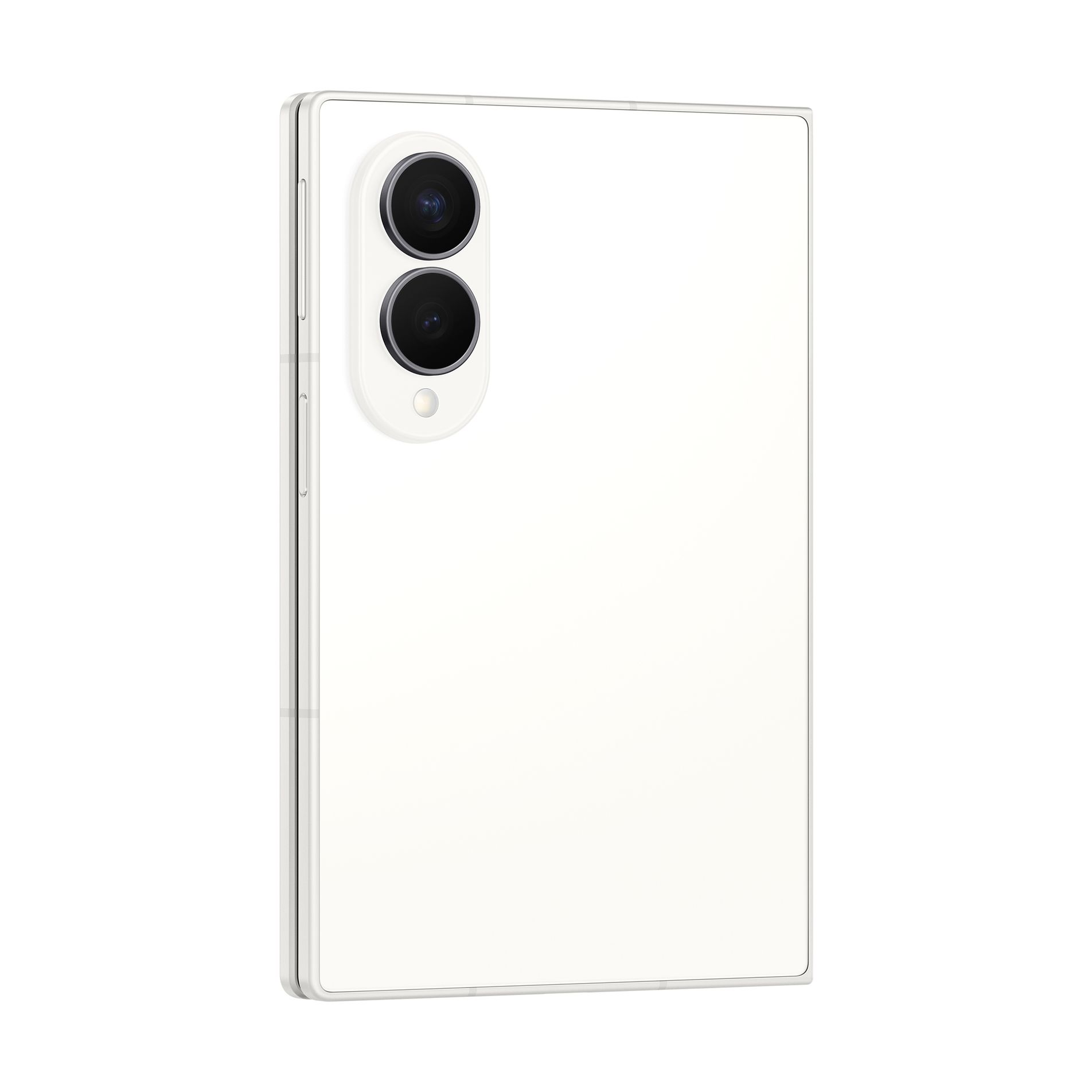 Rückansicht eines weißen Smartphones mit zwei vertikalen Kameras auf einem hellen Hintergrund.