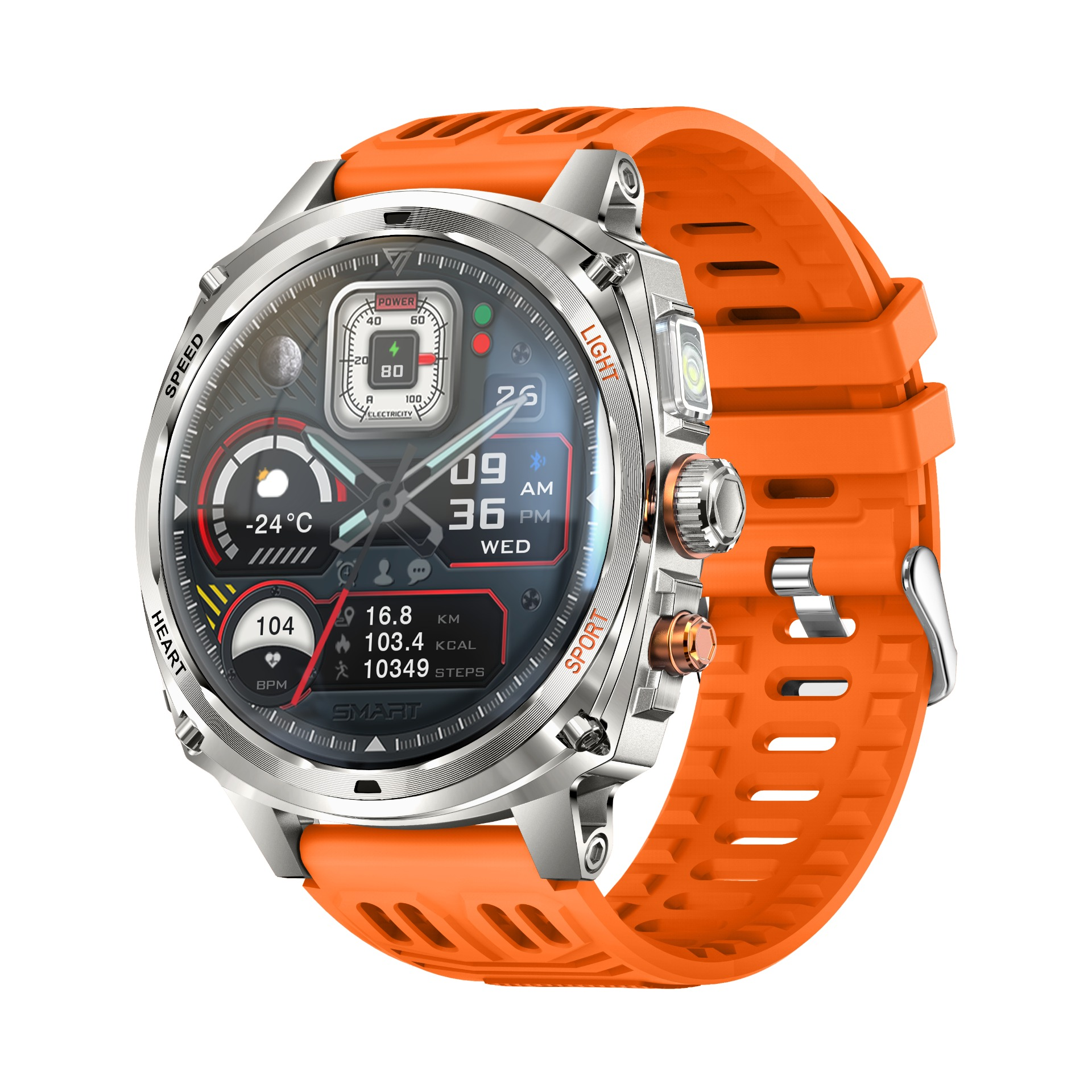Eine robuste Smartwatch mit silbernem Gehäuse, orangefarbenem Silikonarmband und digitalem Zifferblatt auf weißem Hintergrund.