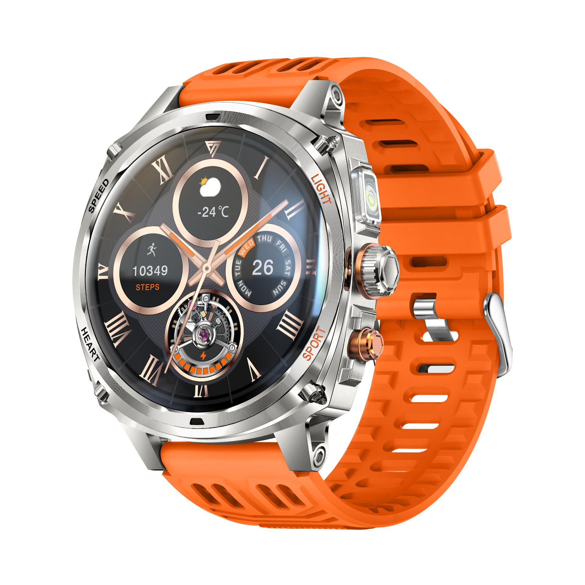Robuste Smartwatch mit silbernem Gehäuse, digitalem Zifferblatt und leuchtend orangenem Silikonarmband.