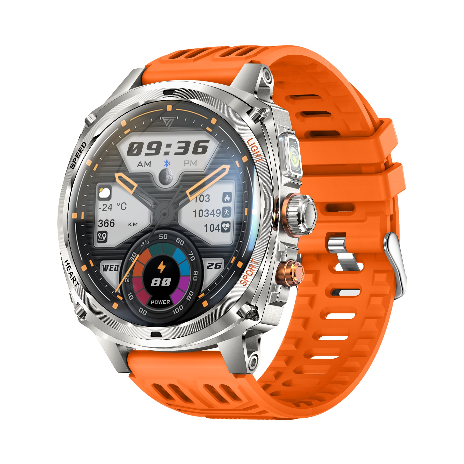 Robuste Smartwatch in Silber mit orangenem Silikonarmband und digitalem Zifferblatt.