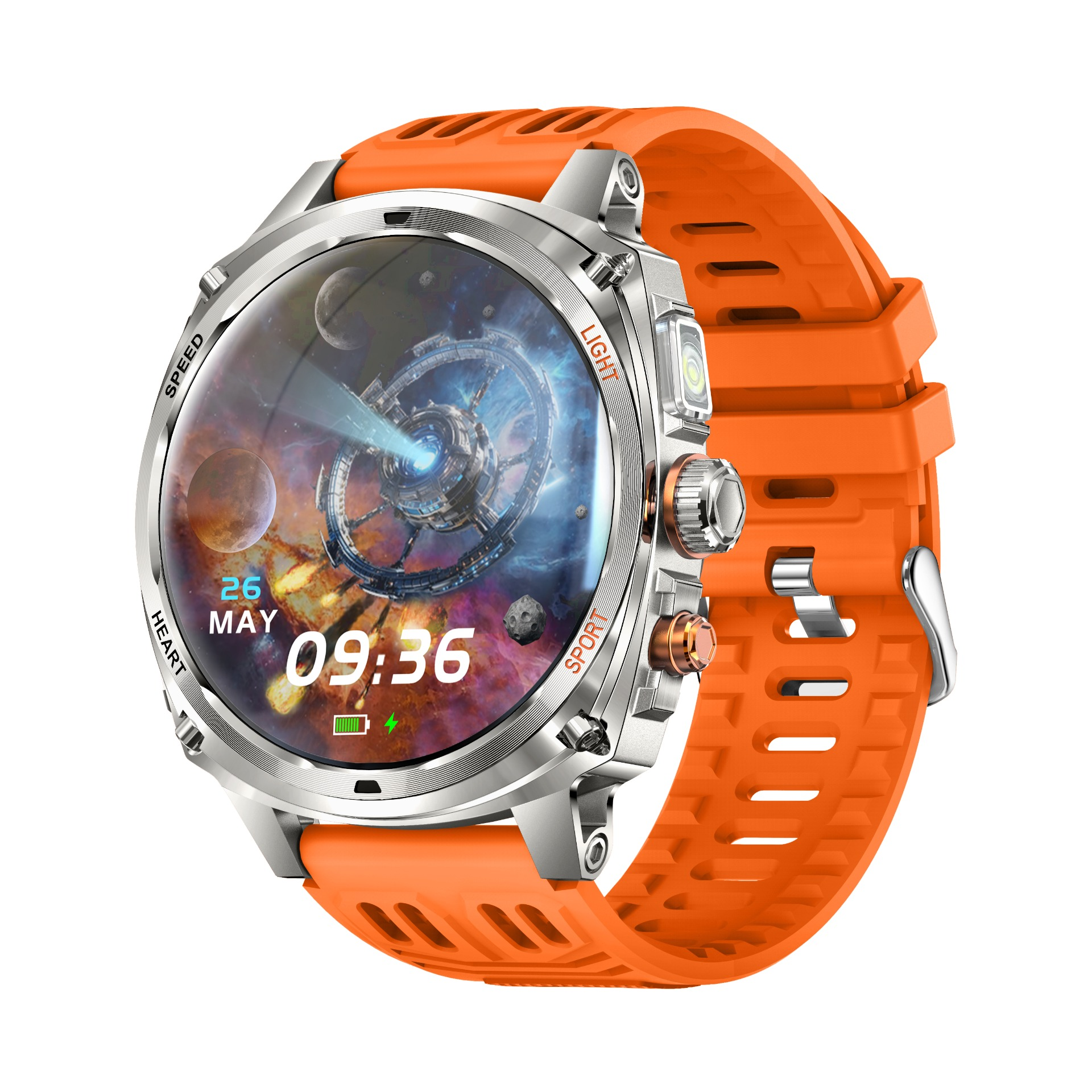 Eine robuste Smartwatch mit silbernem Gehäuse, orangefarbenem Silikonarmband und Weltraum-Zifferblatt auf weißem Grund.