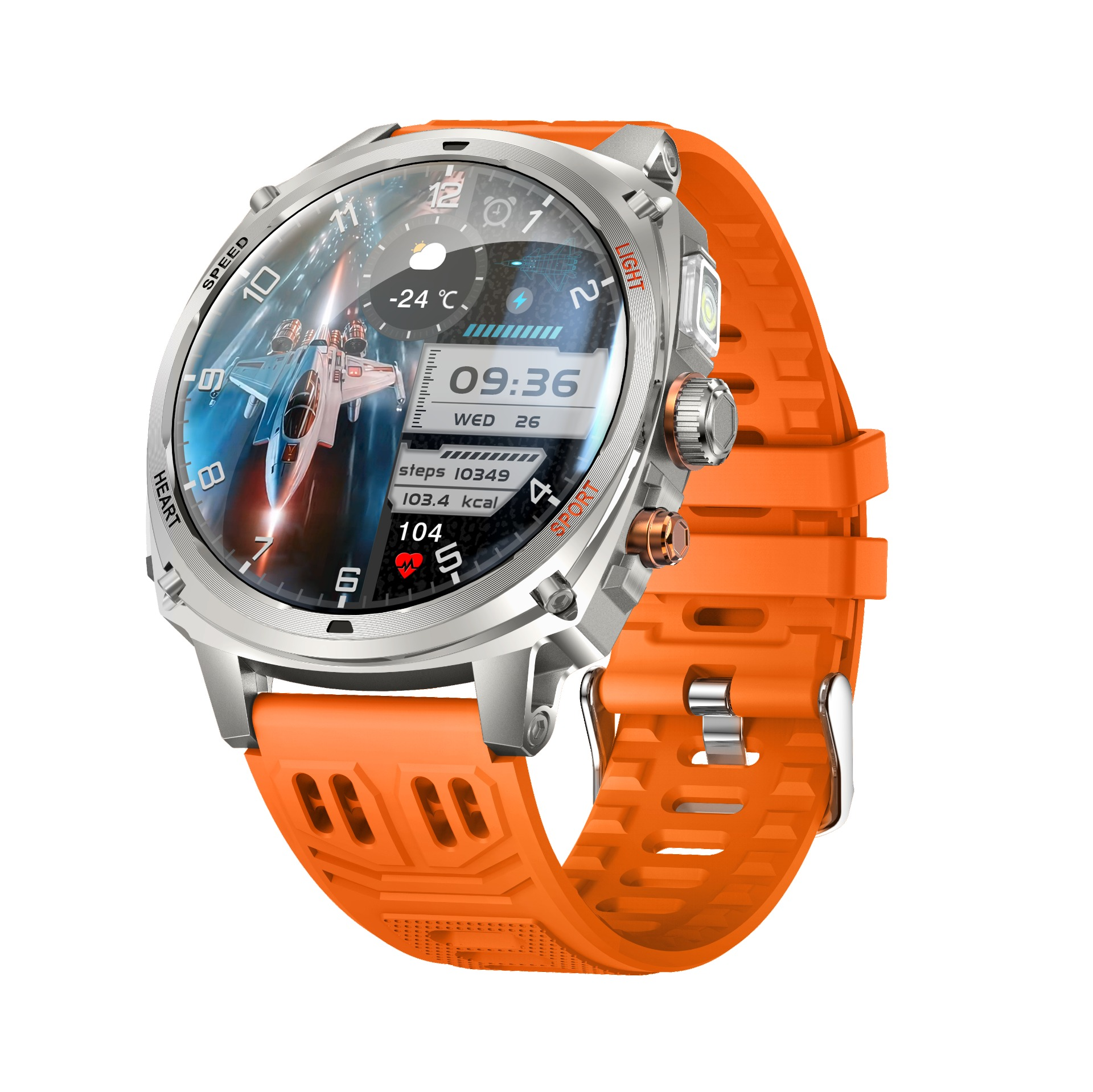Eine robuste Smartwatch mit silbernem Gehäuse, orangefarbenem Silikonarmband und einem Zifferblatt mit Raumschiff.