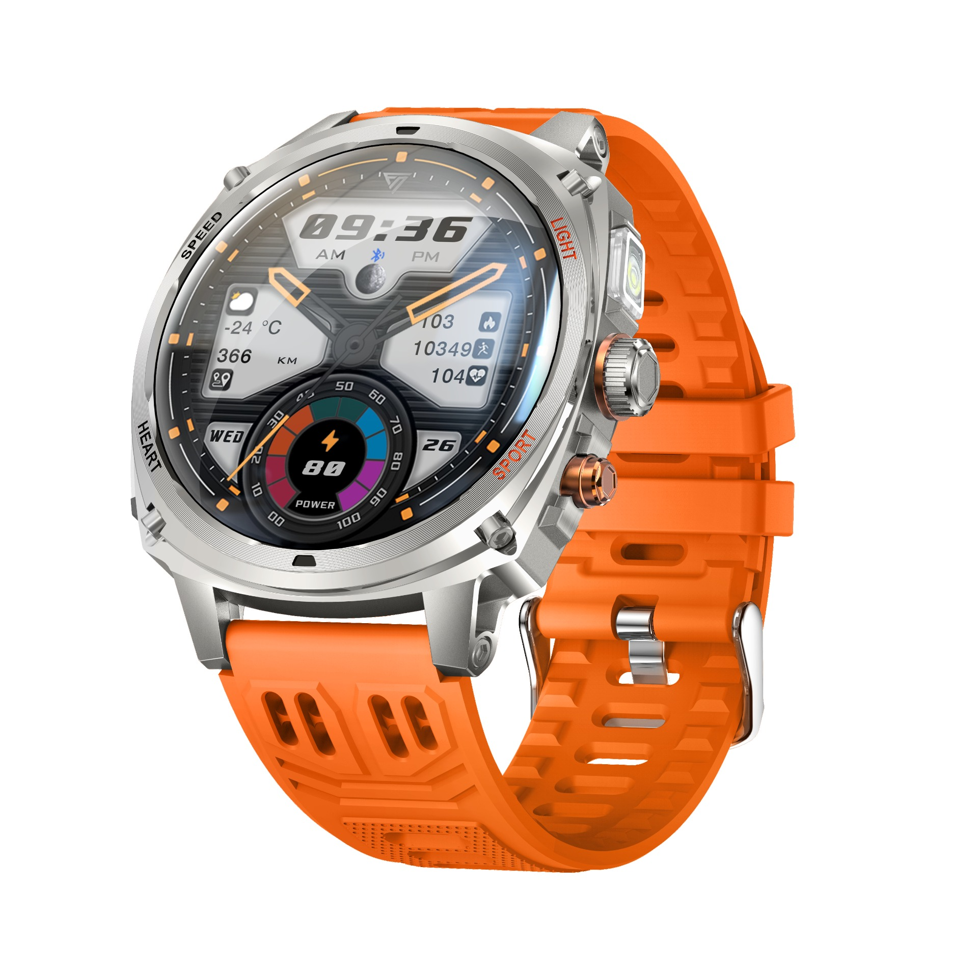 Eine robuste Smartwatch in Silber mit orangenem Silikonarmband und digitalem Zifferblatt vor weißem Hintergrund.